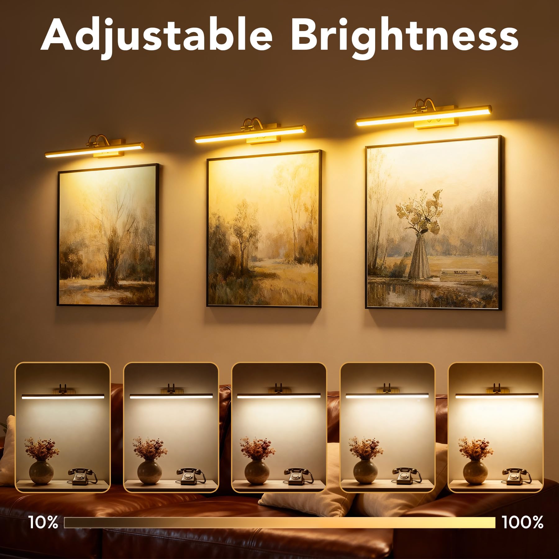 RAIFOOLLY Picture Light, 16in Wireless Wall Lighting, Dimmable Remote Art Light, Brass, Model RF00181
