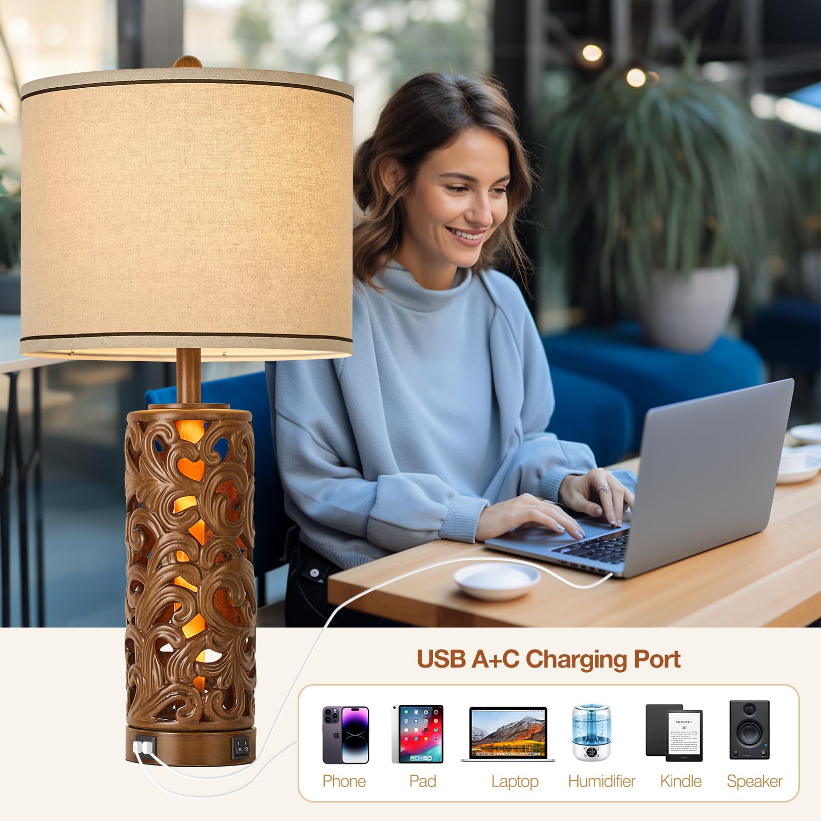 AIDENOEY 3-Way Dimmable Touch Control Table Lamp Set of 2, Vintage Walnut Finish, USB Ports, 27.5in H, Model HYZCQT002