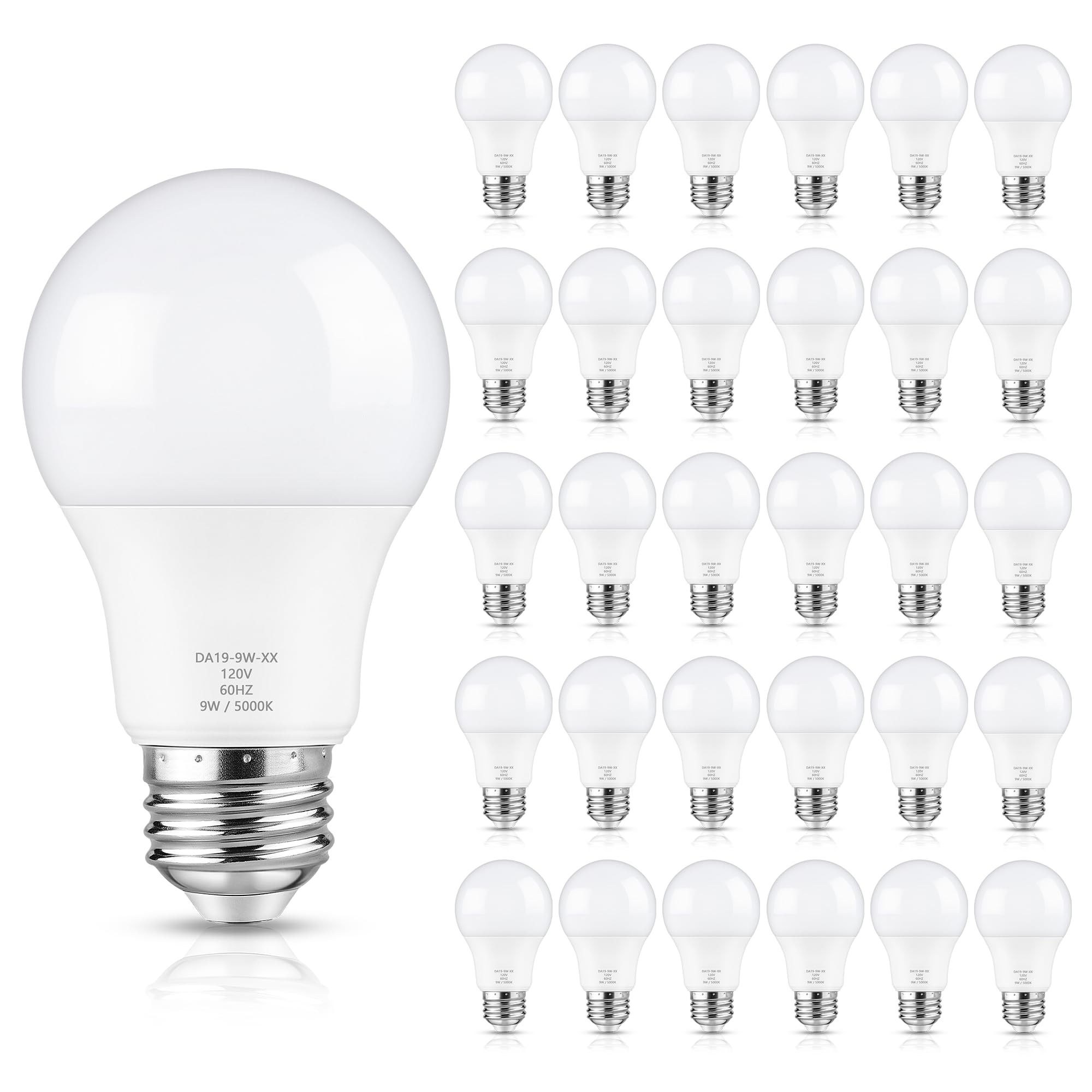 Maylaywood A19 Led Light Bulb Dimmable, 60 Watt Equivalent, 5000K Daylight White, 900Lm, E26 Base, 9W Bright White, 30-Pack