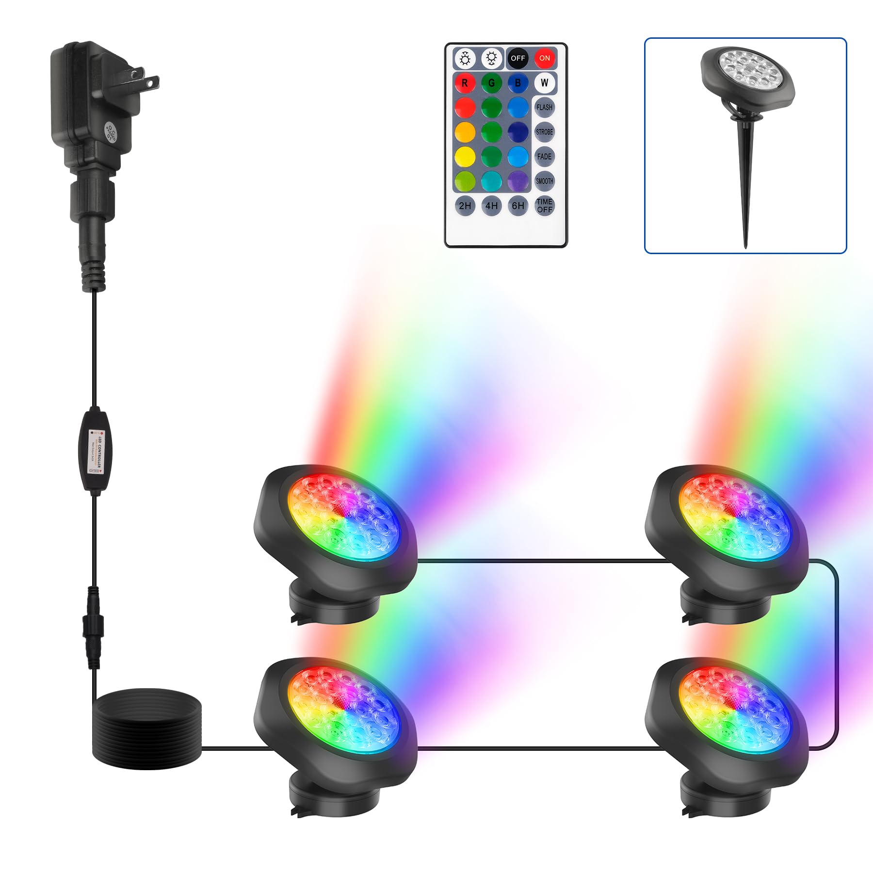 CREPOW RGBW Pond Lights, 18 LED Submersible Spotlights, Remote Control, IP68 Waterproof, Multicolor, Model TS-F2230, Set of 4