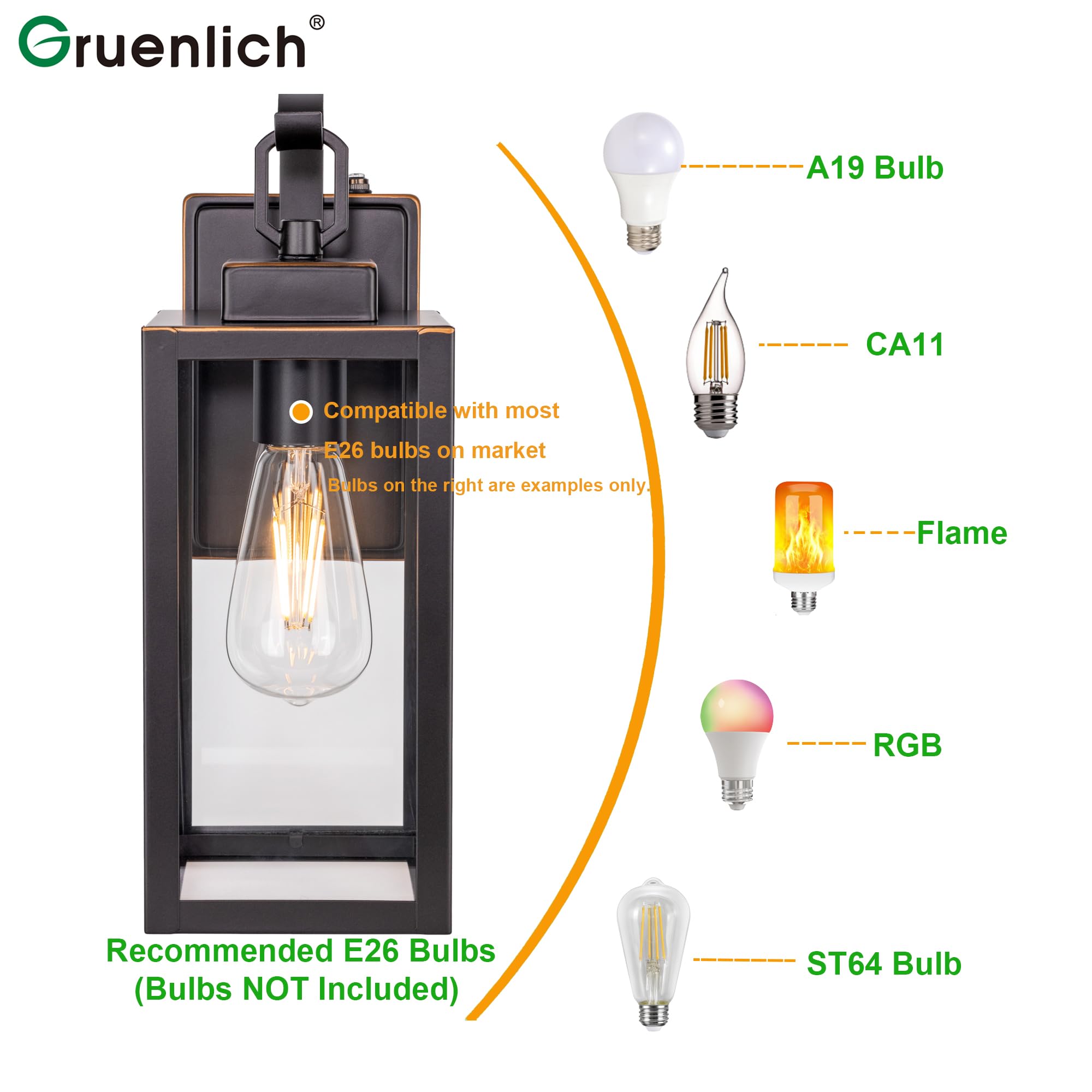 Gruenlich Dusk to Dawn Outdoor Wall Lantern, E26 Base Max 60W, Metal Housing, Oil Rubbed Bronze Finish, Model GR-WL004D2D-ORB