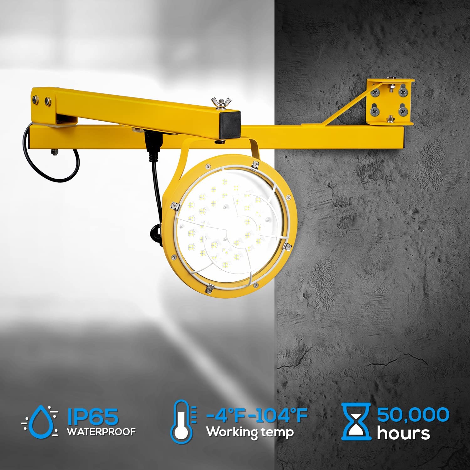 LEONLITE 50W LED Dock Lights, 45 Inch Double Swing Arm, 360° Rotatable, Metal, Yellow, Model SY9DKL-50W57YLO, IP