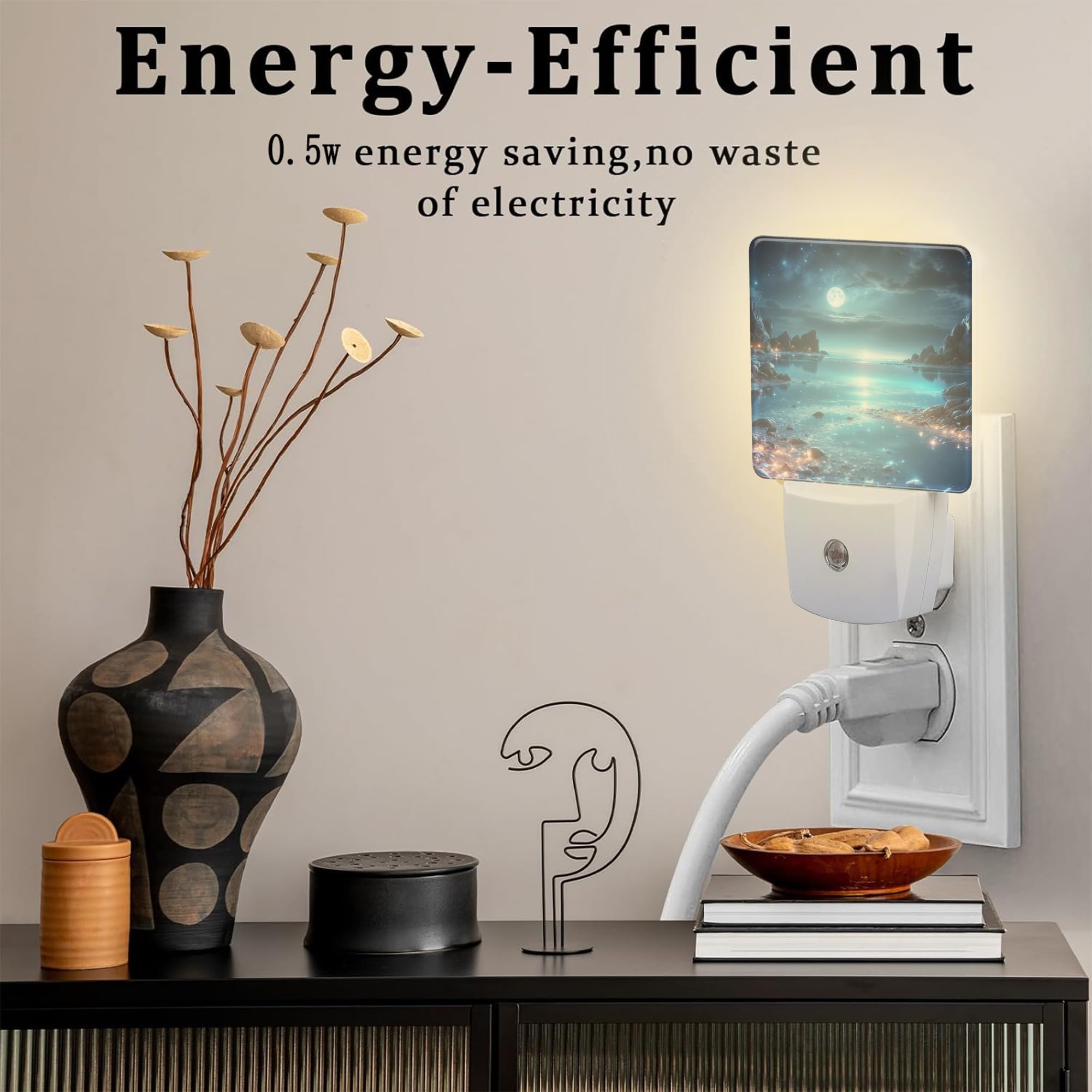 Full Moon And Sparkling Lake Night Light Plug Into Wall, Magical Beach Dusk To Dawn Night Light, 0.5W Energy Saving Sleep Friend