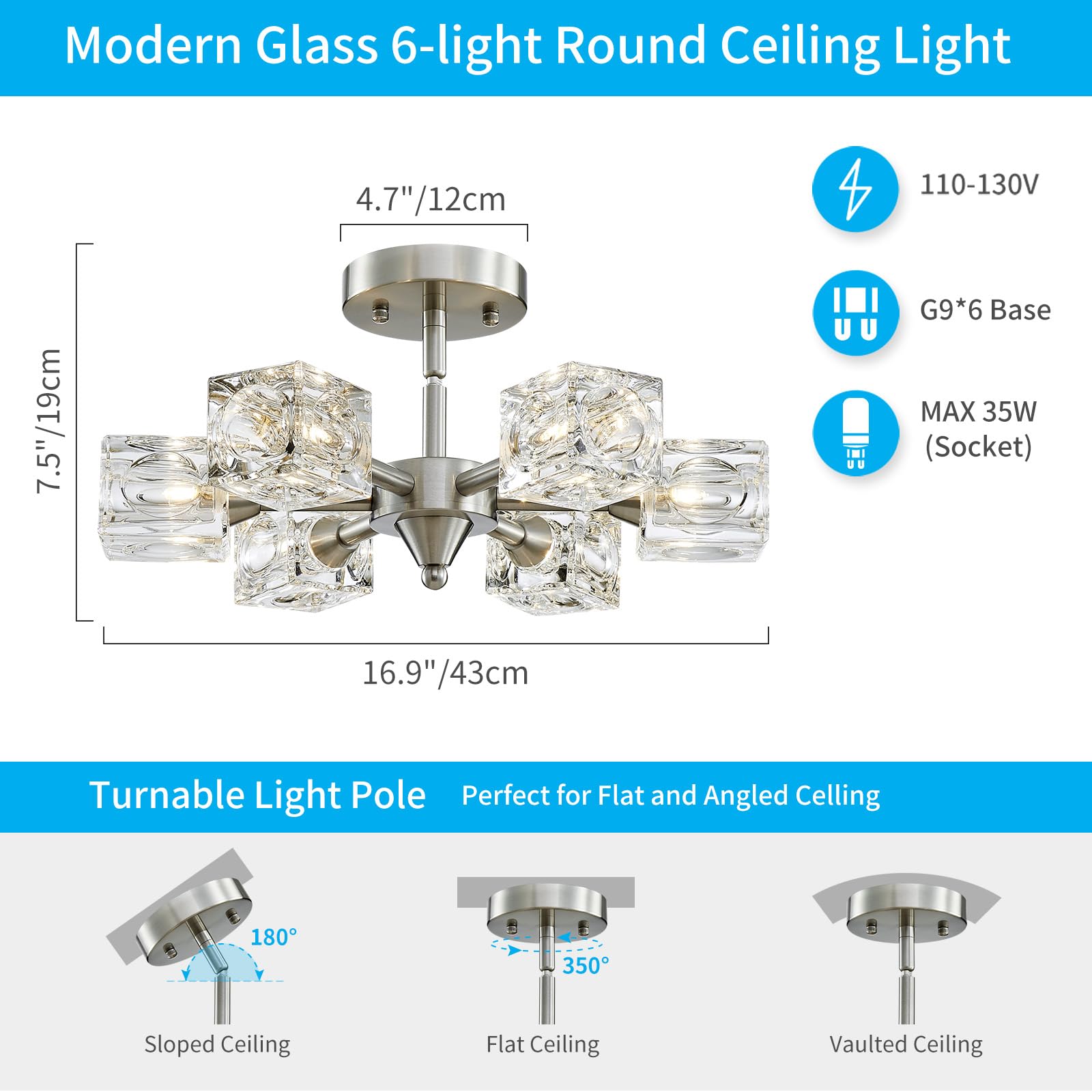 XINGQI 6-Light Semi Flush Mount Ceiling Light, Brushed Nickel Chandelier, Modern Design for Dining Room, Kitchen, Entryway