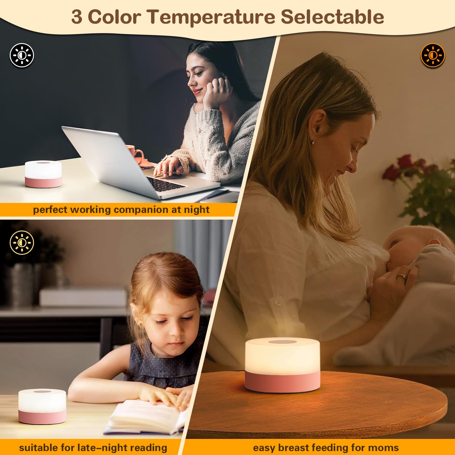 JUSHENG Night Light, Rechargeable LED Touch Lamp, Stepless Dimming, Portable, Pink, Model CG0025PK