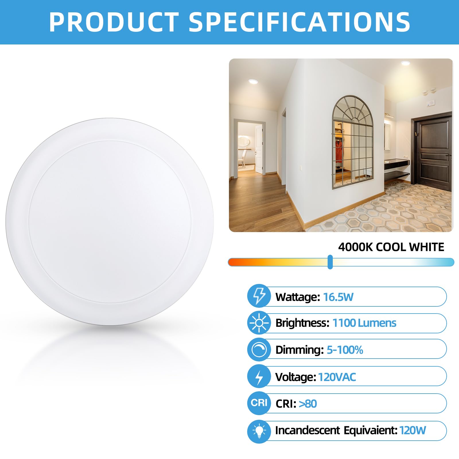 Ecoeler 6  Dimmable Led Disk Light  Flush Mount Ceiling Lights  Daylight  16.5W 4000K Cool White 1100Lm  Surface Mount Lighting Fixture Installs Into J-Box Or Recessed Can  Etl & Fcc Listed