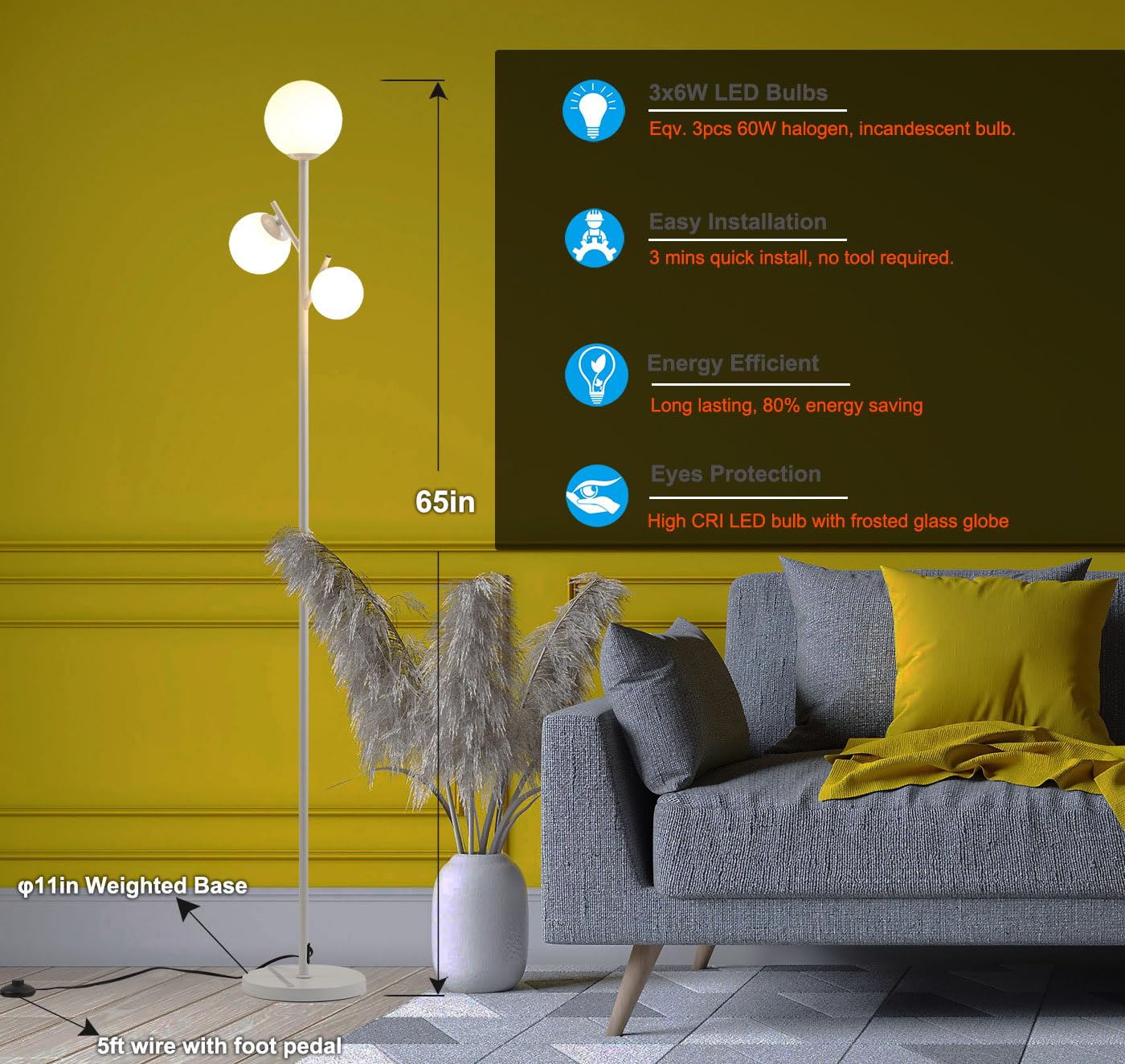 Fiqevs White Mid Century Floor Lamp - 3 Globe Led Tree Lamp For Living Room & Office