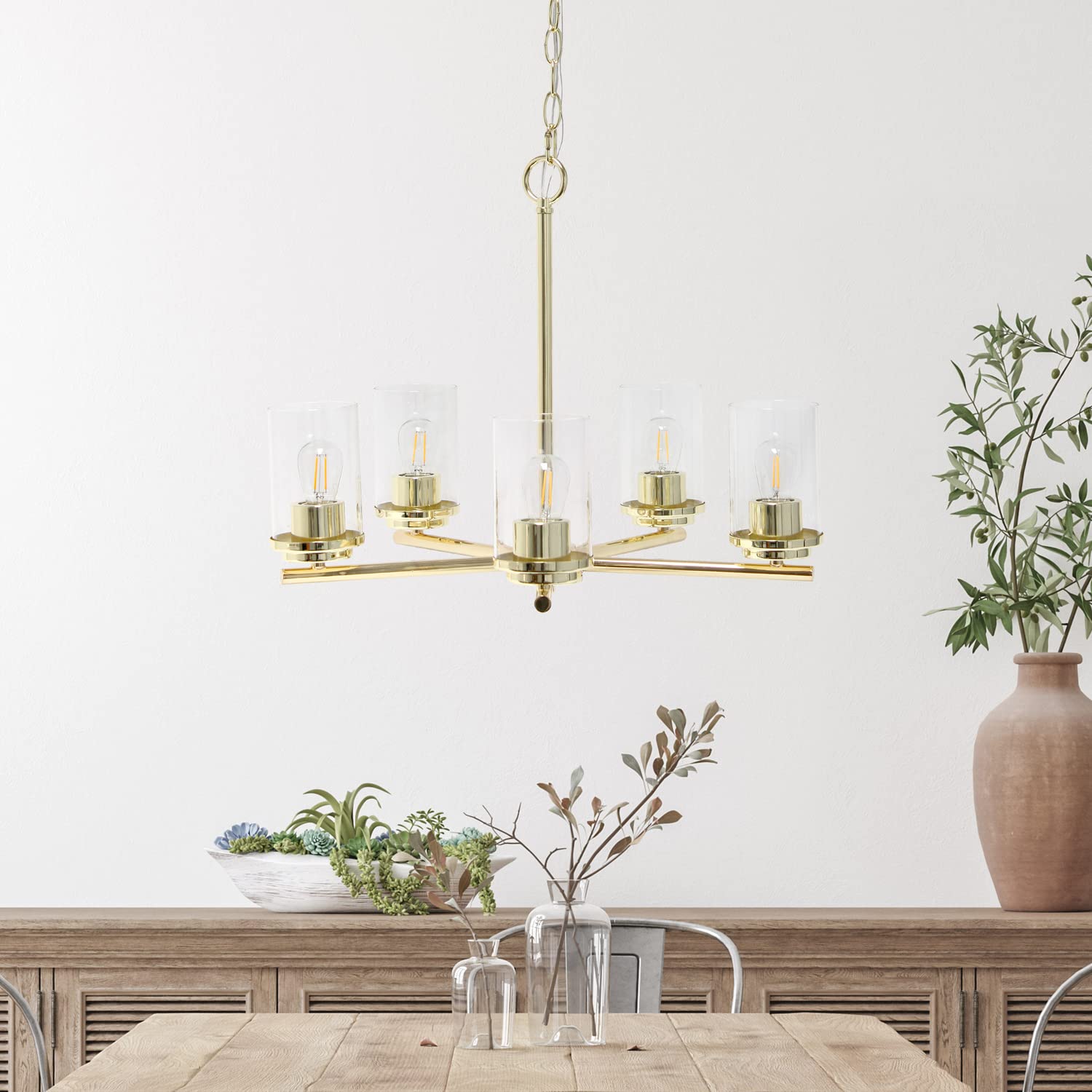 Elegant Designs 5-Light Pendant Chandelier, Metal & Glass, 20.5in, Gold, Model PT1019-GLD