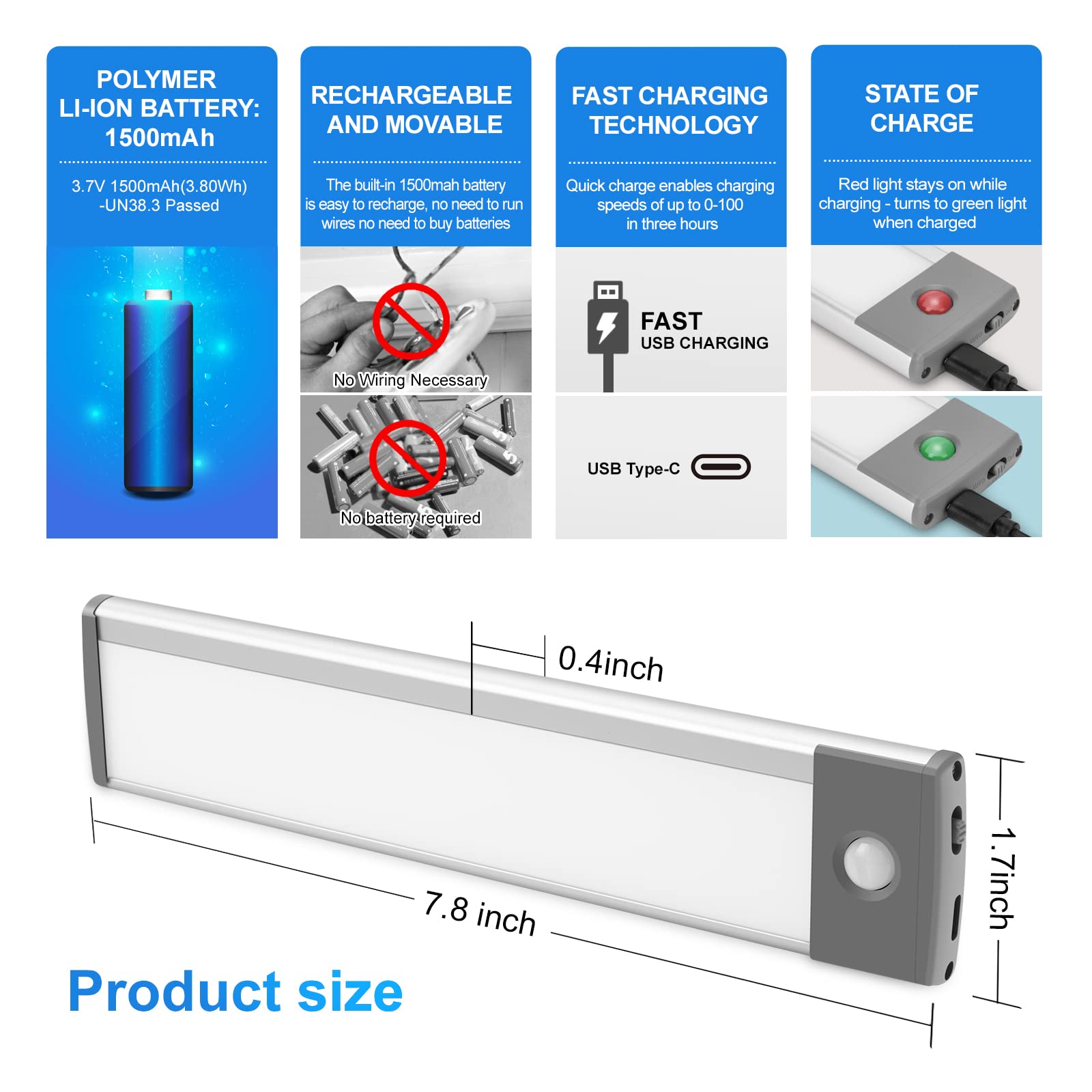 30-Led Under Cabinet Lights,Usb Rechargeable Kitchen Cupboard Night Light,Battery Operated Under Counter Closet Lighting,Motion