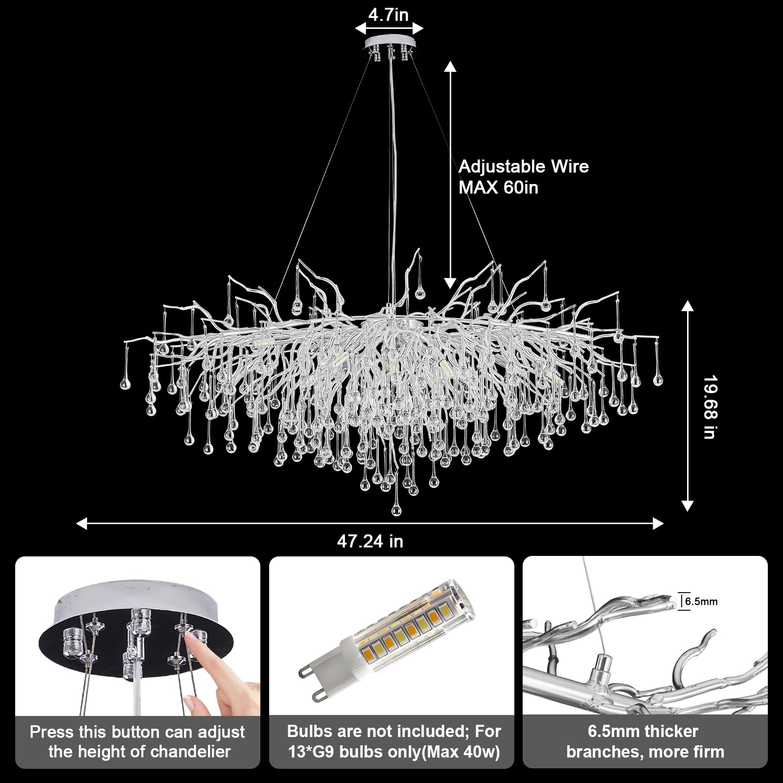 NIUZDU Modern Silver Crystal Chandelier, 47.2in Raindrop Design, Oval-Long, Model CP1002 for Dining Room, Entryway, Living Room