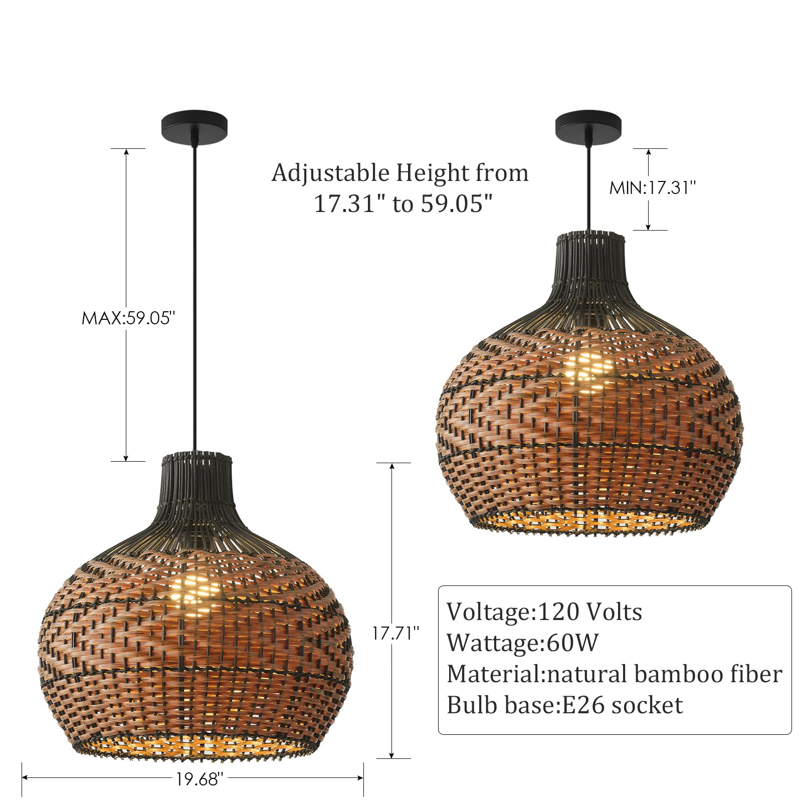 Teru Ji Kaikang 15" Rattan Pendant Light, 3-Light Hand-Woven Boho Chandelier, Black Brown Faux Rattan for Living Room, Kitchen, Dining