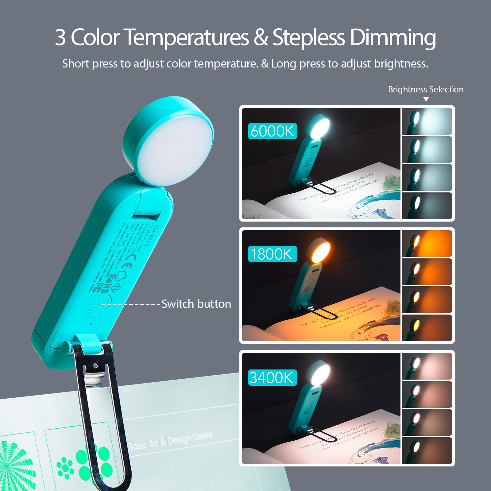 VAVOFO USB Rechargeable Book Light, Amber Clip-On, 6 LEDs, Blue Light Blocking, Model KM-6776, Eye Care for Reading in Bed