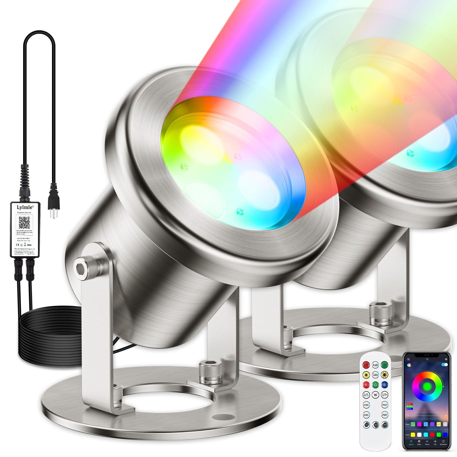 LyLmLe LED Pond Lights with APP Control  6W SS316 Stainless Steel RGB Underwater Fountain Light with 12V Transformer  IP68 Waterproof Outdoor Underwater Lights for Pond Waterfall  Black Wire(2-Spots)