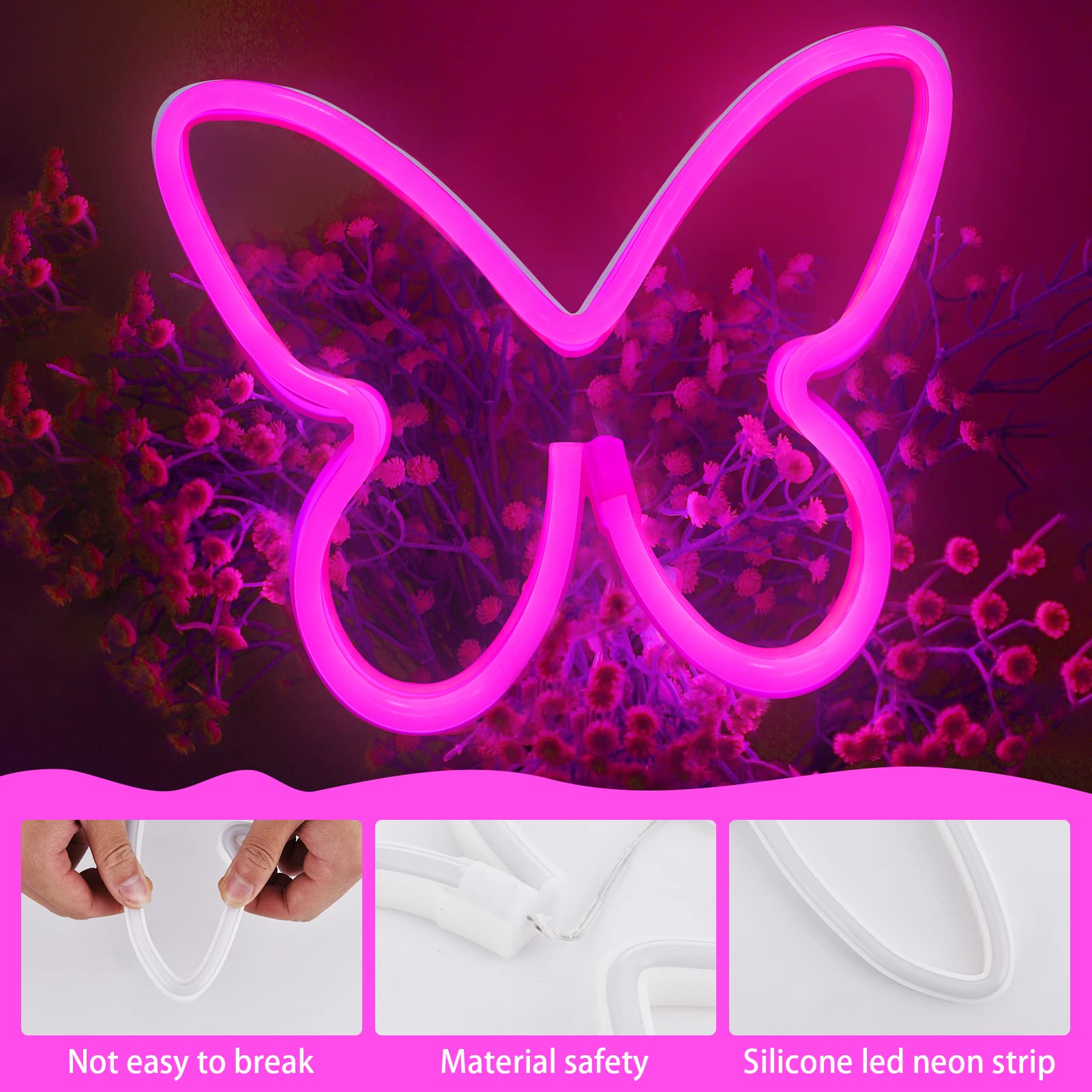 BRIGHTDECK Butterfly Neon Signs, 3 Pcs LED Wall Décor, 5x5 inches, USB/3-AA Battery, Pink/Purple/Warm White, Model 001