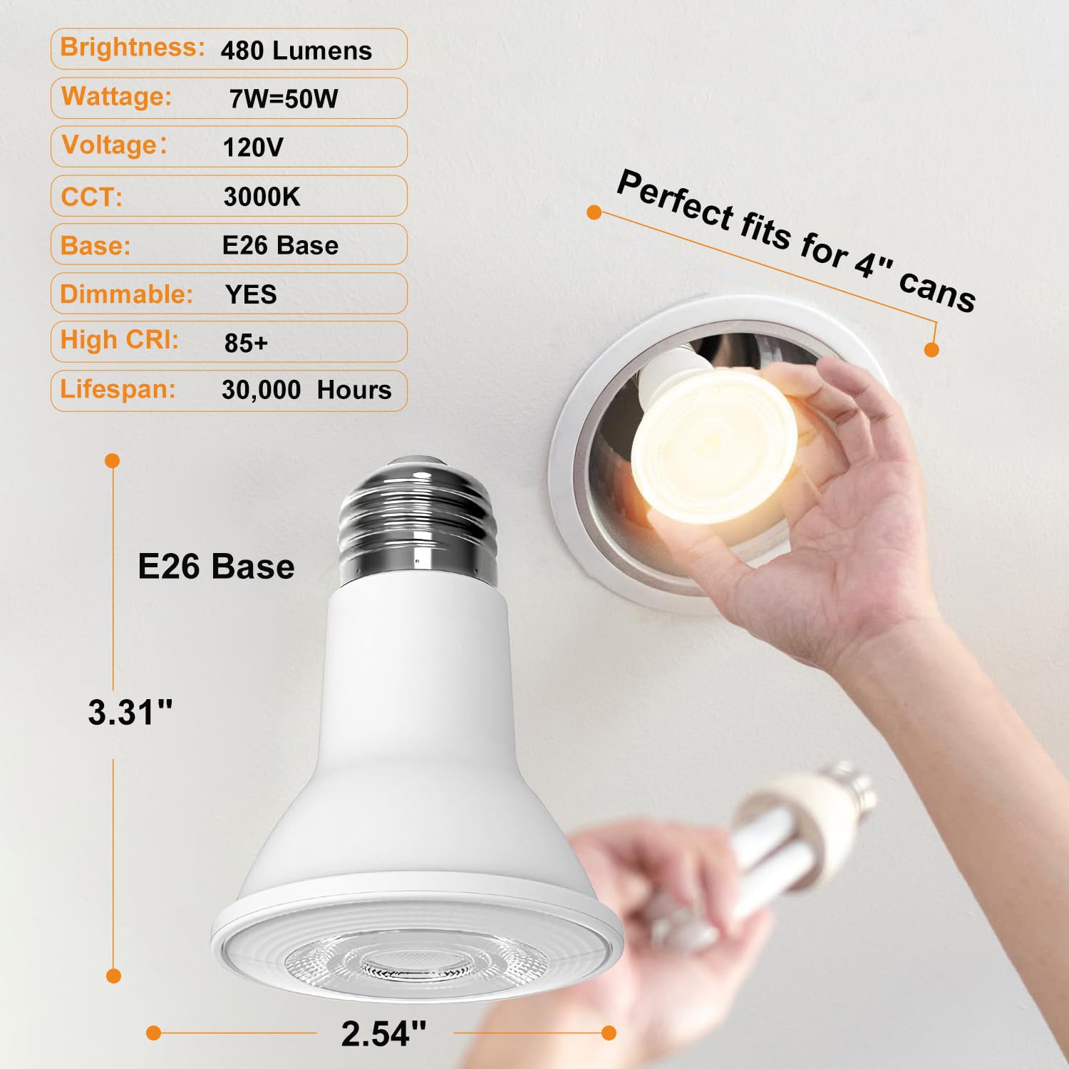 Par20 Led Bulb 3000K Warm White, 2 Pack Ivyemons Super Bright 480Lm Par20 Dimmable Led Bulbs 7W, Equivalent 50W, No Flicker Par