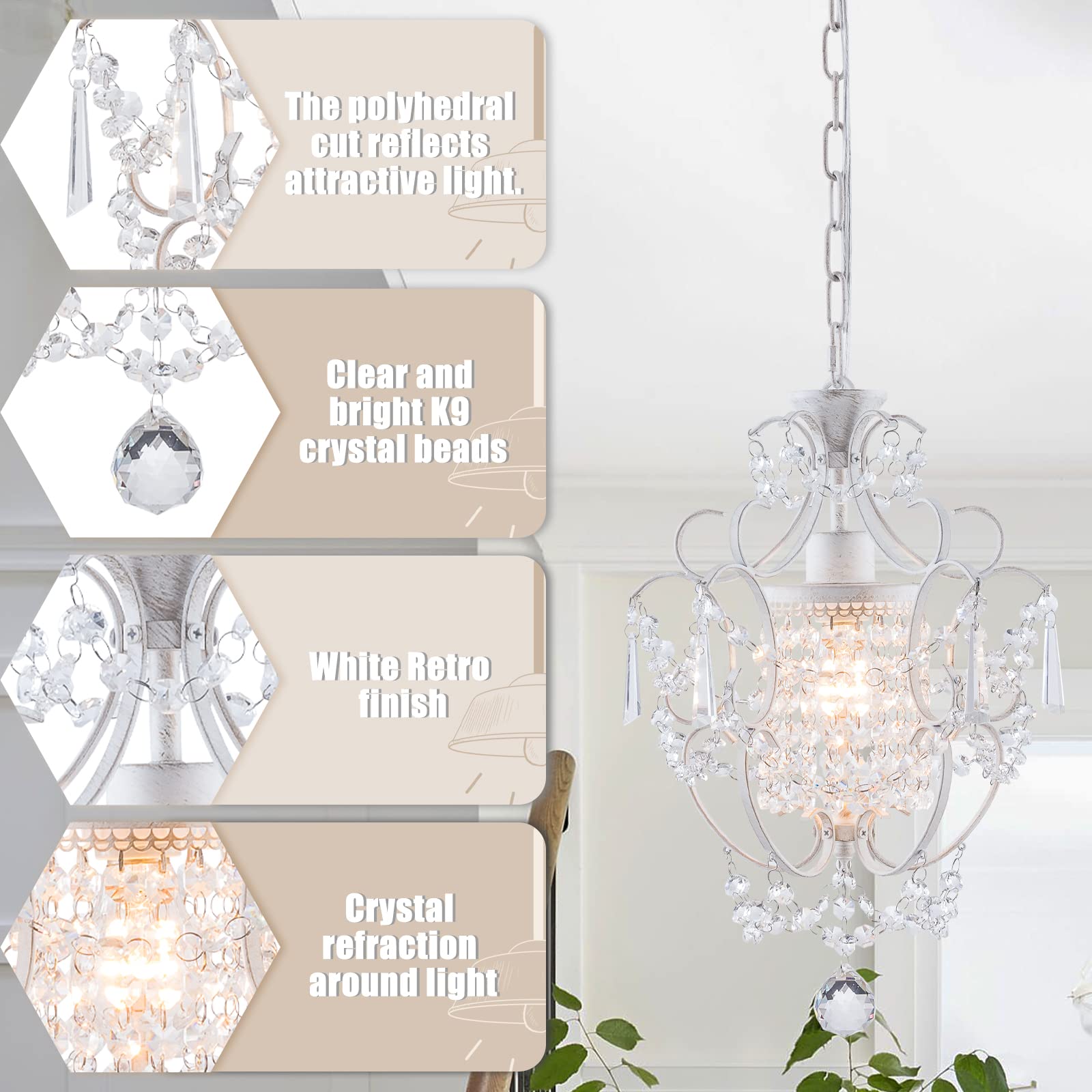 FLSFU Mini Chandelier - White Retro Crystal Light Fixture, Elegant 1-Light Ceiling Mount for Bedroom, Dining Room, Kitchen Island