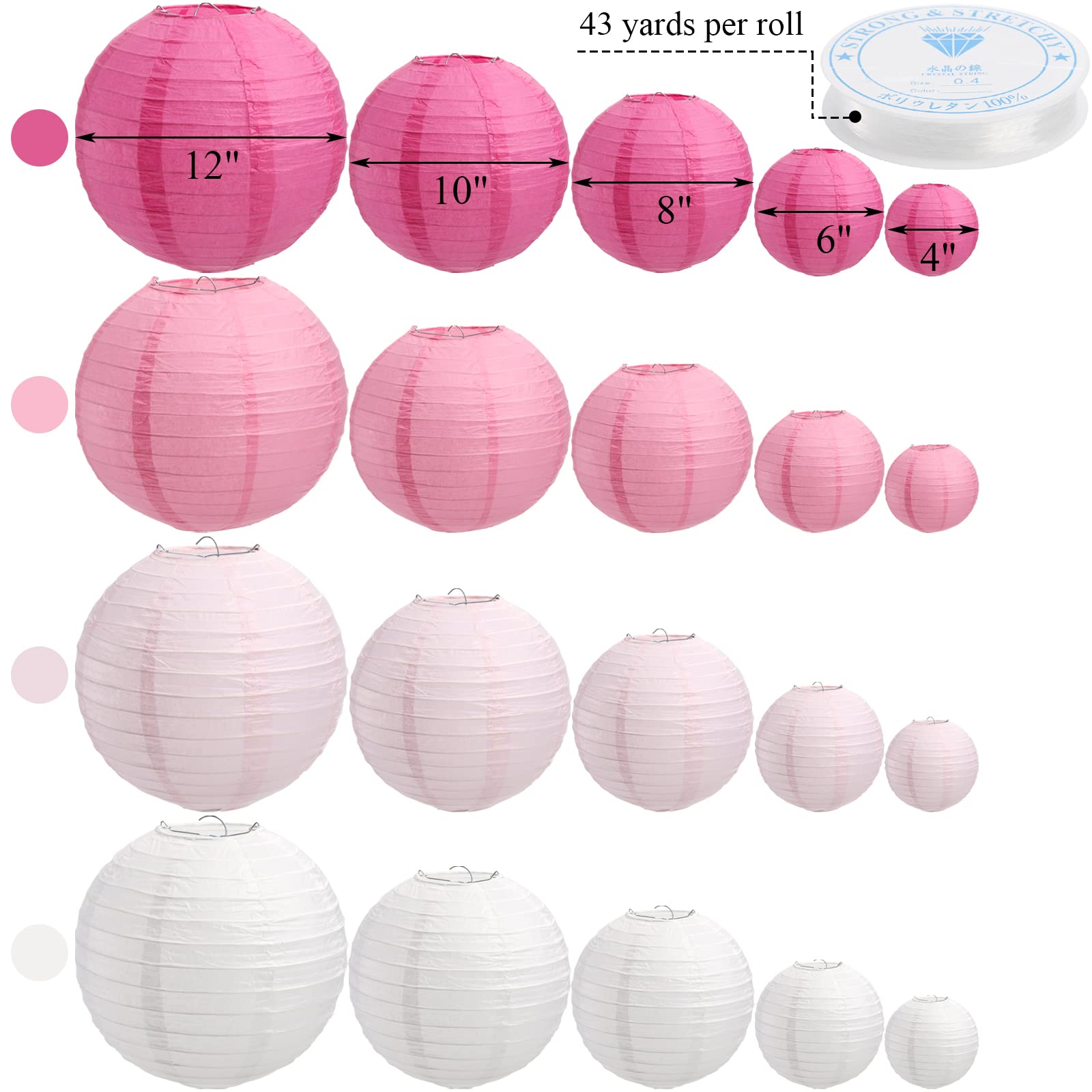Tosnail Set Of 20 Pieces Pink And White Paper Lanterns With 43 Yards Crystal Strings, Chinese Lanterns, Pink Party Decoration, V