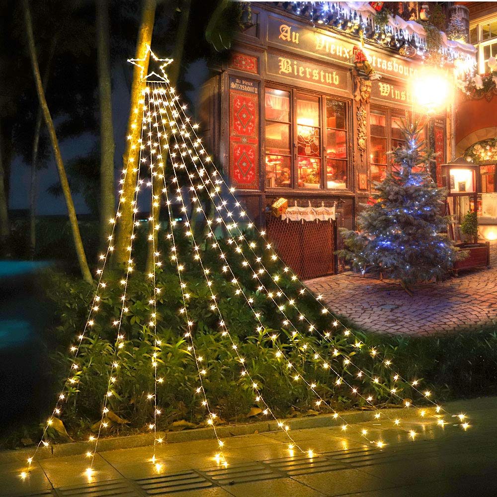 PUHONG Christmas Decorations, 320 LED Outdoor String Lights, Snowflakes Hanging Christmas Tree Topper Lights with 11 Modes for H