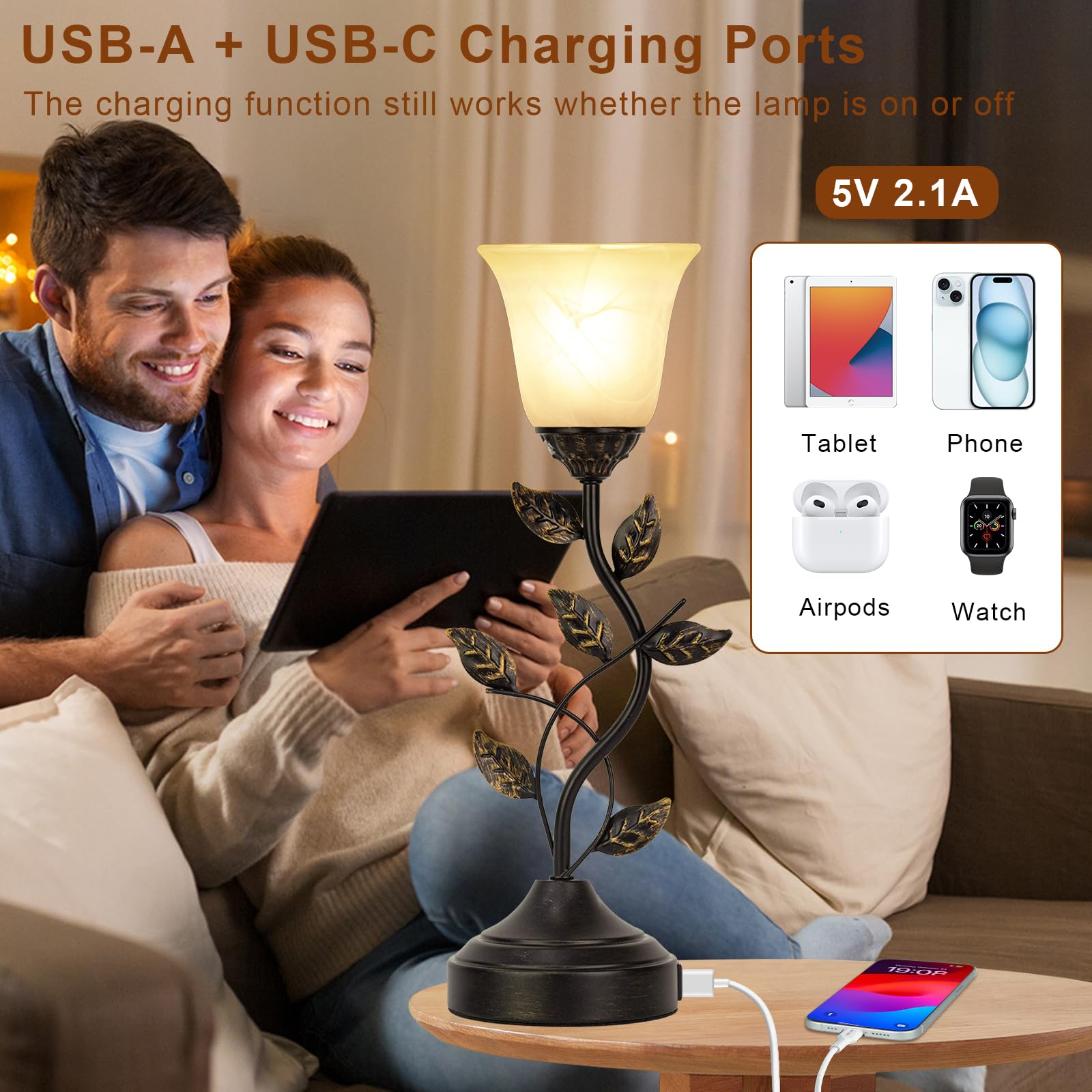 Bedside Lamps Set Of 2, 20 Inch Retro Style Table Lamp For Bedroom Touch Control 3-Way Dimmable With Usb C+A Charging Ports, Tor