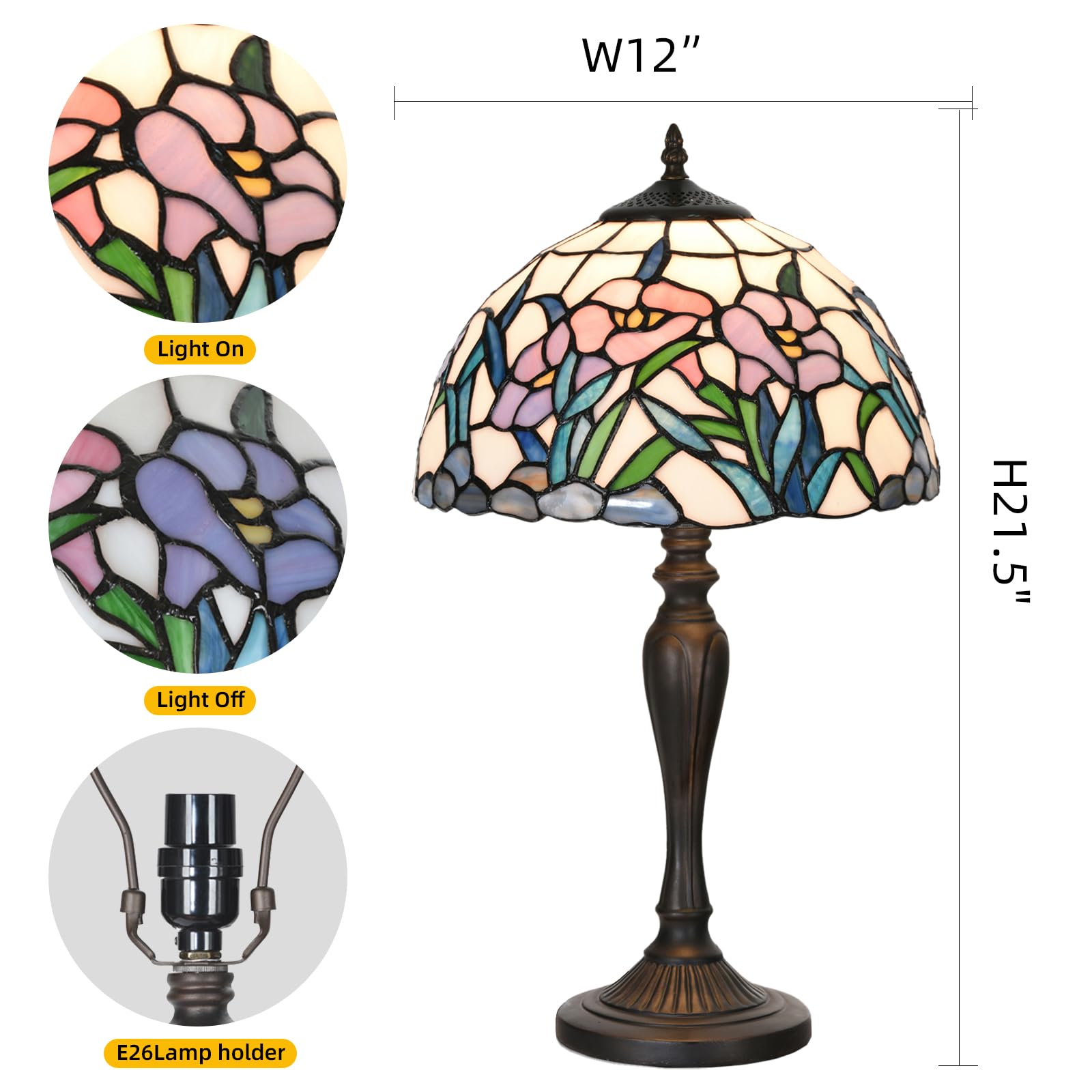 Homebeauty Tl0005 Tiffany Table Lamp Bedside Stained Glass Lamp Spring Floral Design Reading Desk Light 12X21.5 Inches For Bedro