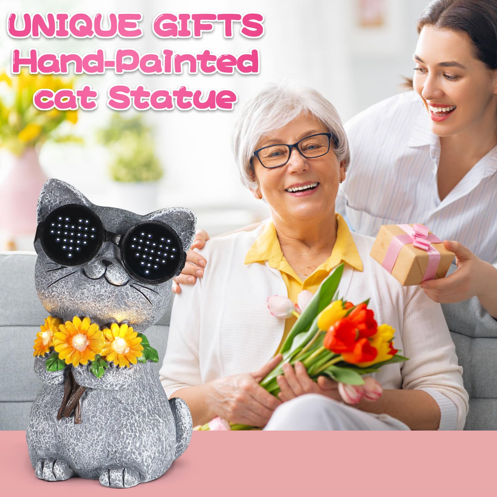 Pawatee Solar Garden Statues Cat With Daisy And Led Lights Birthday Gifts For Women Mom Grandma Solar Outdoor Decor For Patio Backyard Yard Lawn Decoration-Unique Housewarming Gifts