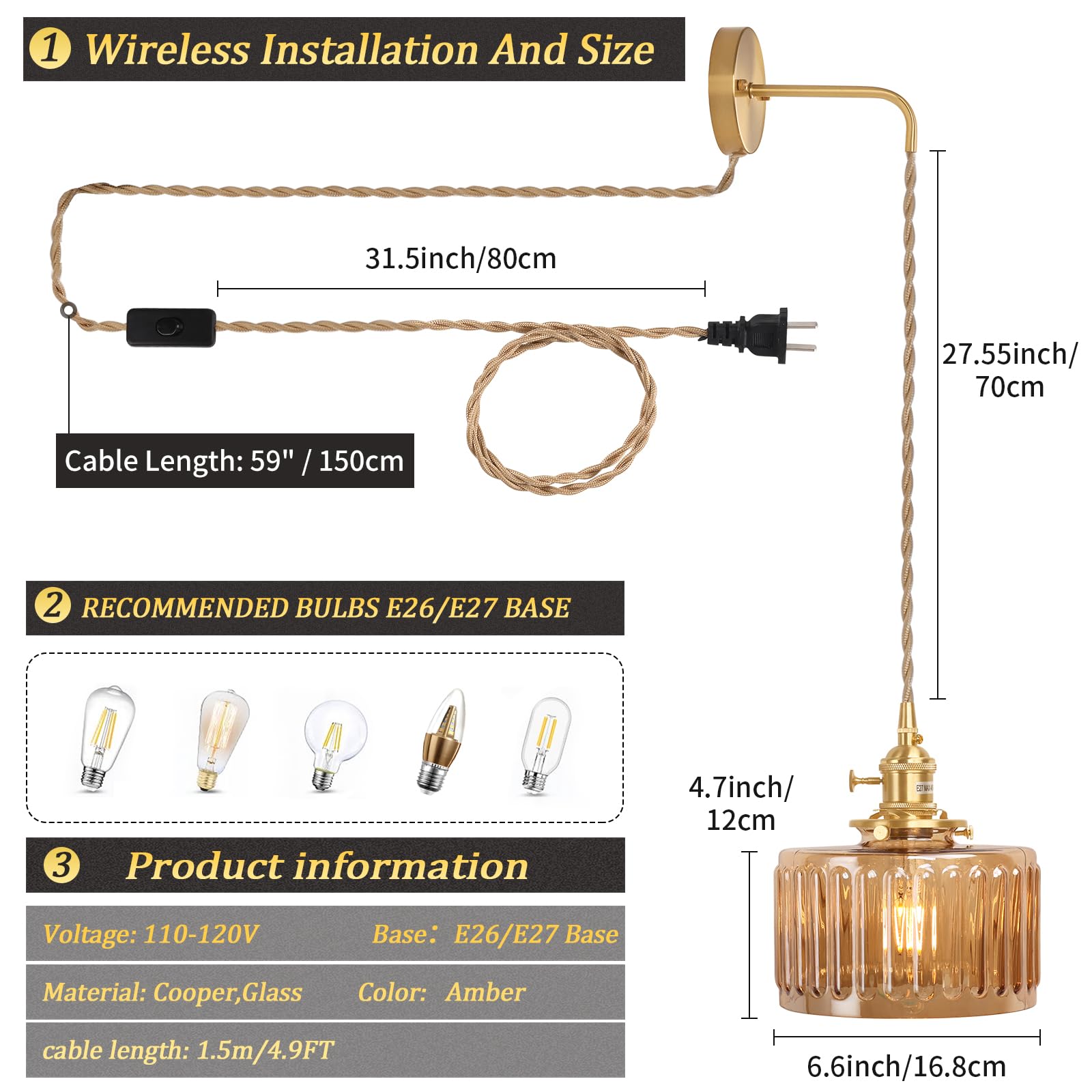 Shenmoyl Vintage Wall Sconce Lamp, Amber Striped Glass Shade, Plug in 4.9FT Cord, Brass, Model 1-9390