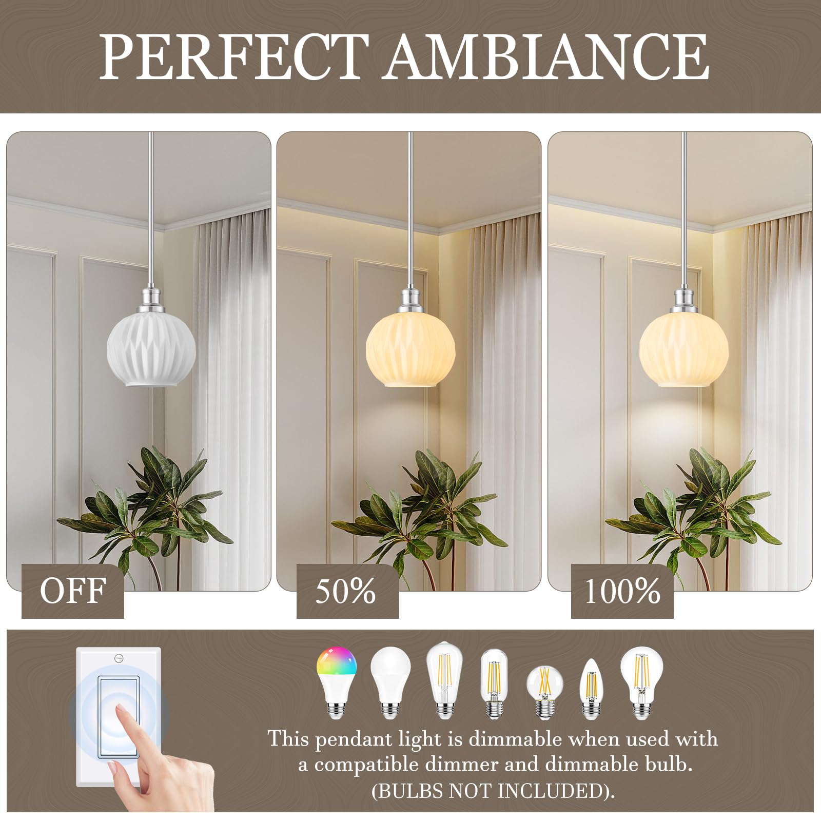 Karjearl 1-Light Glass Pendant Light, 7.1in Brushed Nickel, Globe Hanging Fixture for Kitchen, Dining Room, Model LTMM01