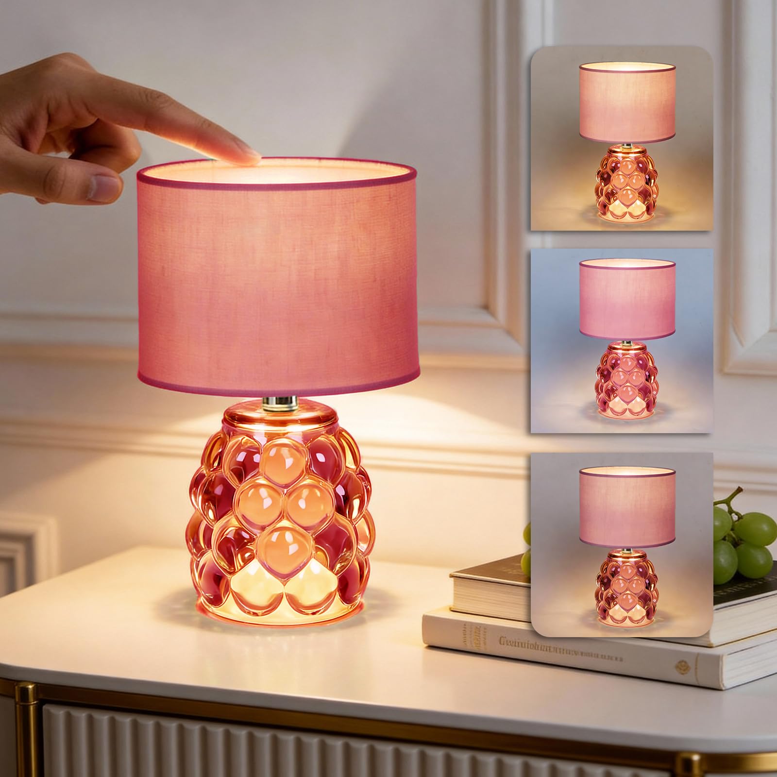 MJ PREMIER Pink Rechargeable Table Lamp Battery Powered Lamp Dimmable Touch Control 3 Color Night Light, Wireless Portable Desk 