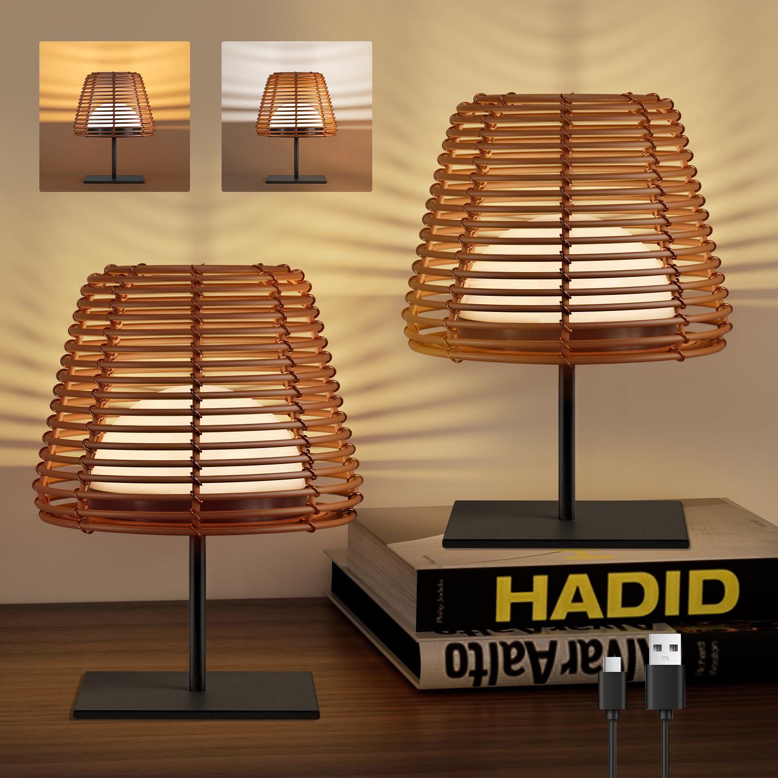 uuffoo 2 Pack Small Boho Rattan Lamps Cordless Waterproof, 5200mAh Rechargeable Table Lamp Battery Operated Dimmable, LED Portab
