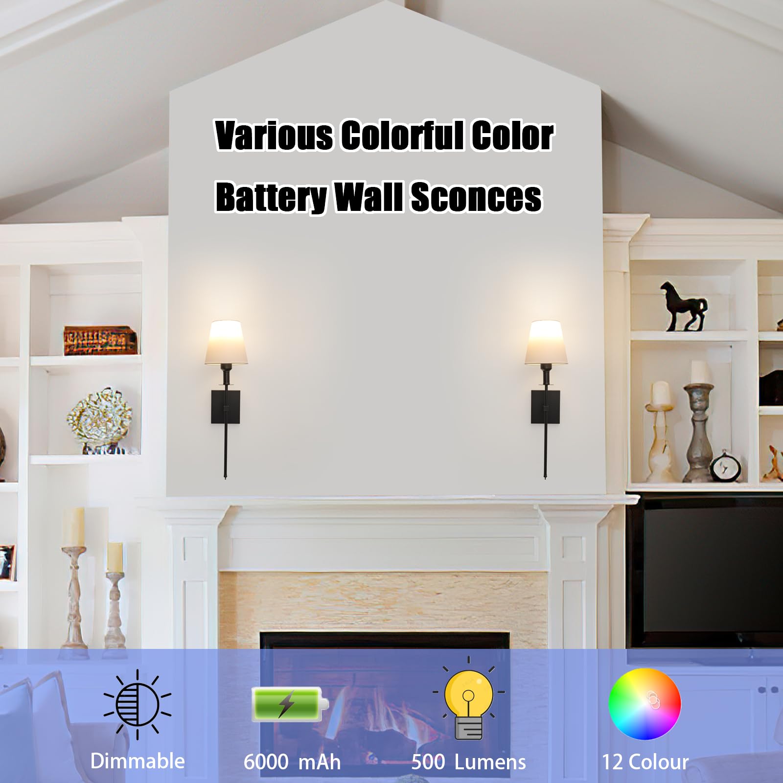 Wall Lights Battery Operated Wall Sconces Set Of 2, Black Rechargeable Wall Light With Wireless Remote Dimmable,12 Colors Modes