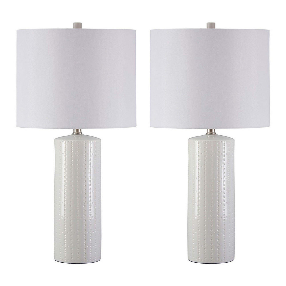 Benjara Carved Ceramic Base Table Lamp with Drum Shade, Set of 2, White