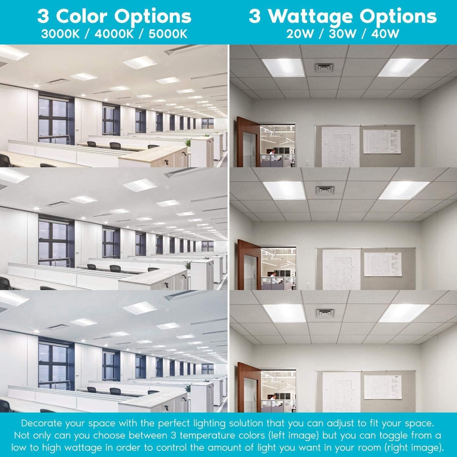 2X2 Ft Led Light Flat Panel, 20/30/40W, Color Temperature Selectable 3K | 4K | 5K, Dimmable Recessed Drop Ceiling Lights, 2500/3750/5000 Lumens, Lay In Fixture For Office, 120-277V, Ul Dlc(12 Pack)