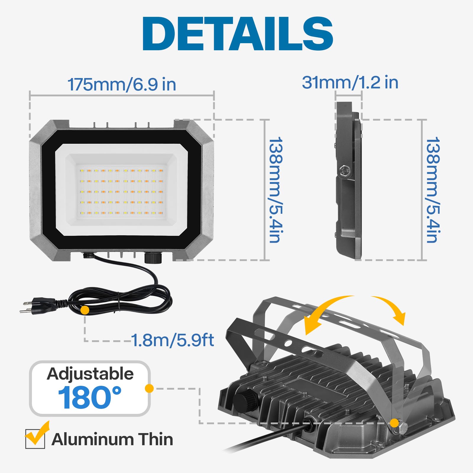 Leddictive 50W LED Flood Light 2 Pack, 3CCT Selectable 3000/4000/6000K, 5000LM, IP65 Waterproof for Garage,