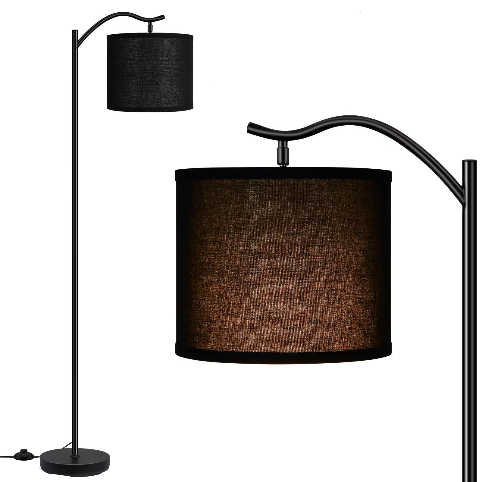Floor Lamp for Living Room,LED Arched Floor Lamp,Tall Modern Standing Lamp with Black Linen Shade,E26 Socket, Footswitch,Montage