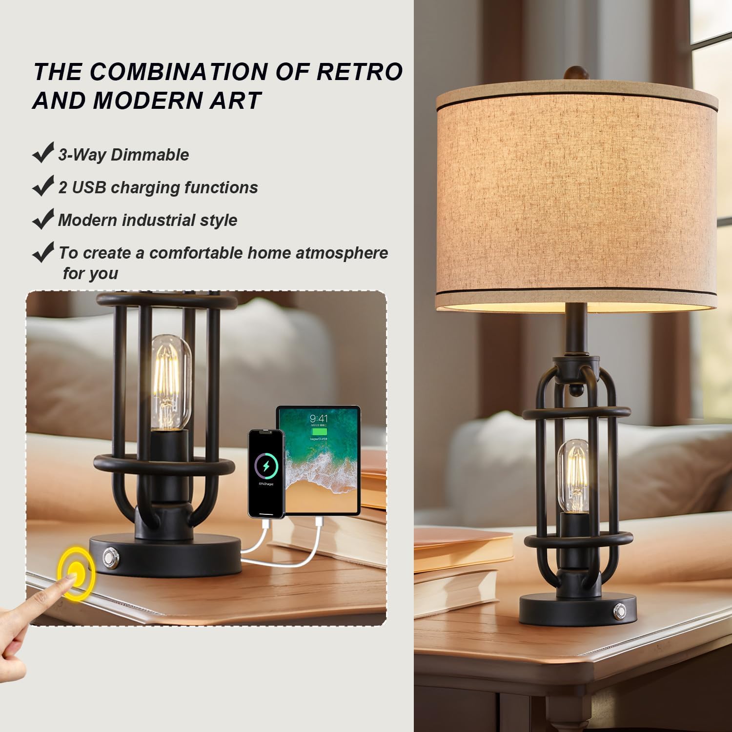 G-Safava 23.75'' Industrial Black Metal Table Lamp With Usb Ports For Living Room Decor