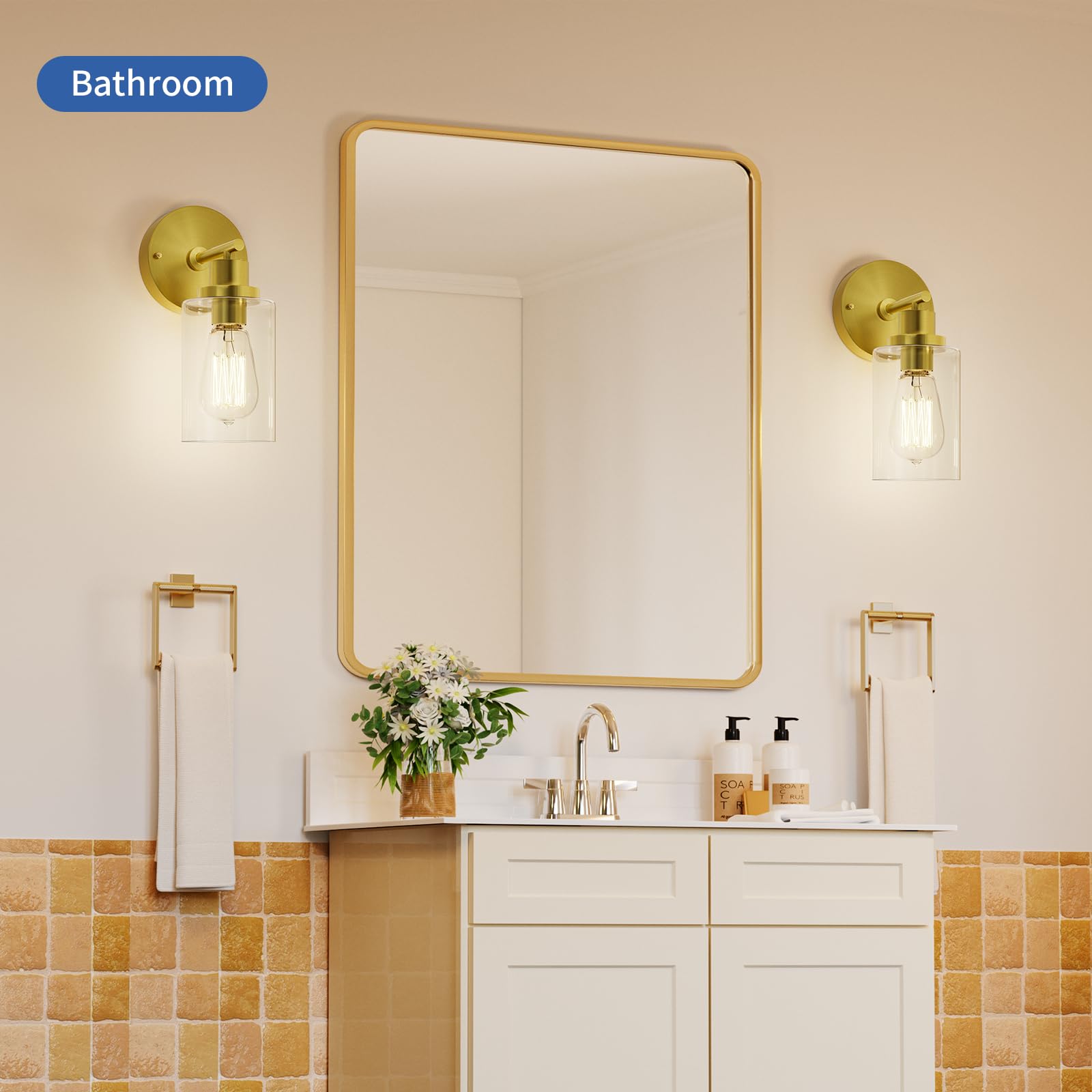 GORDNWE 1-Light Bathroom Wall Sconce, Brushed Gold, Metal, Clear Glass Shade, E26 Bulb Base, Model J0018