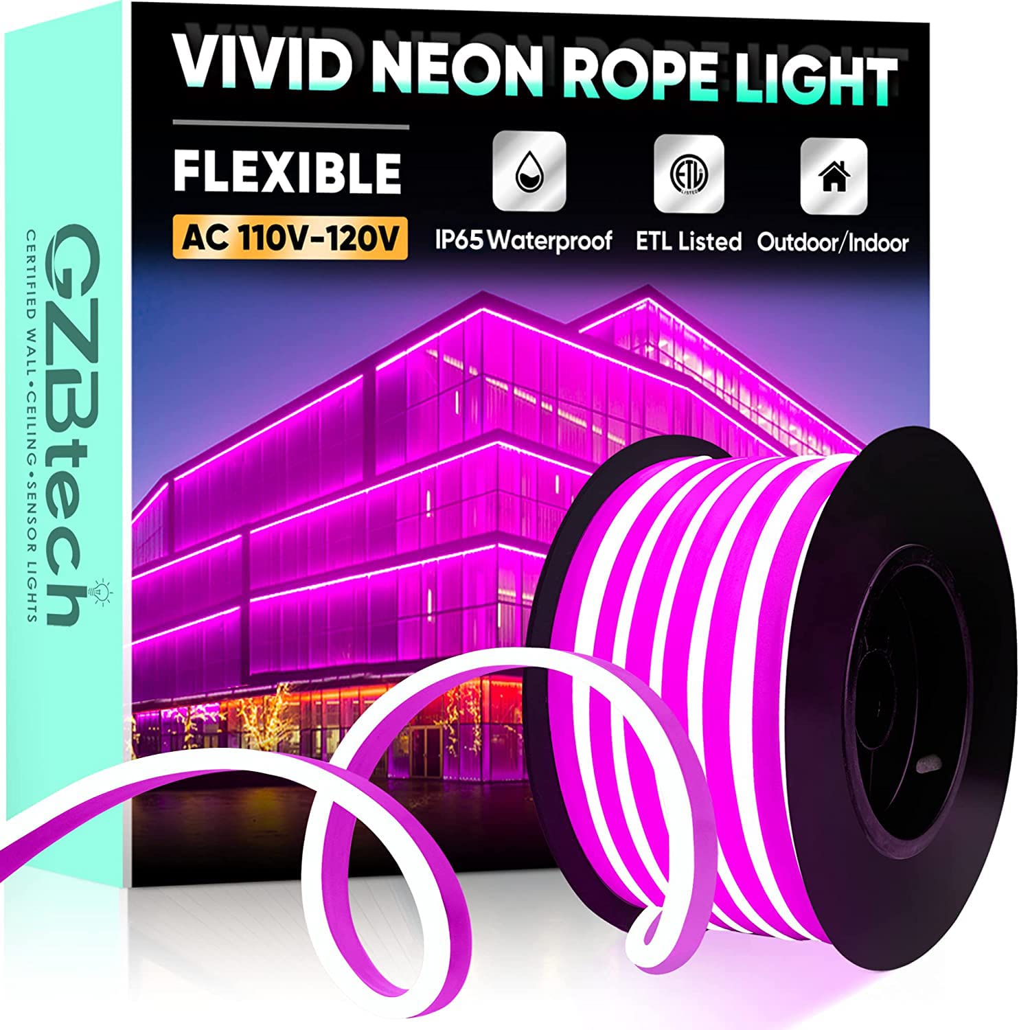 Gzbtech Flexible Led Neon Rope Lights 33Ft Ac 110-120V Waterproof Strip Light  120 Leds/M Cuttable Connectable Neon Lighting For Indoor Outdoor Home Decor/Commercial Building Use-Pink 10M