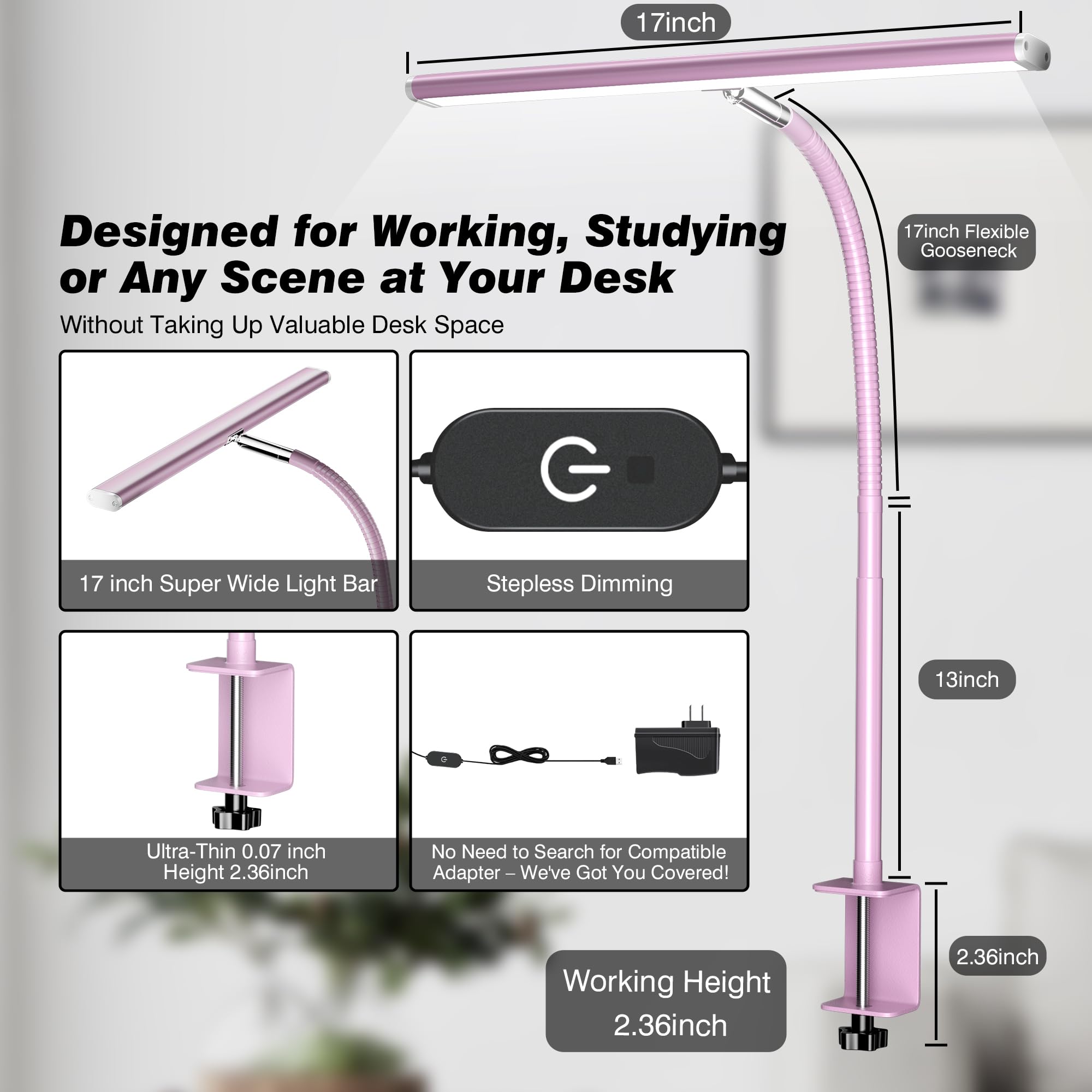 Airlonv Led Desk Lamp For Office Home, Eye-Caring Desk Light With Stepless Dimming Adjustable Flexible Gooseneck, 10W Usb Adapte