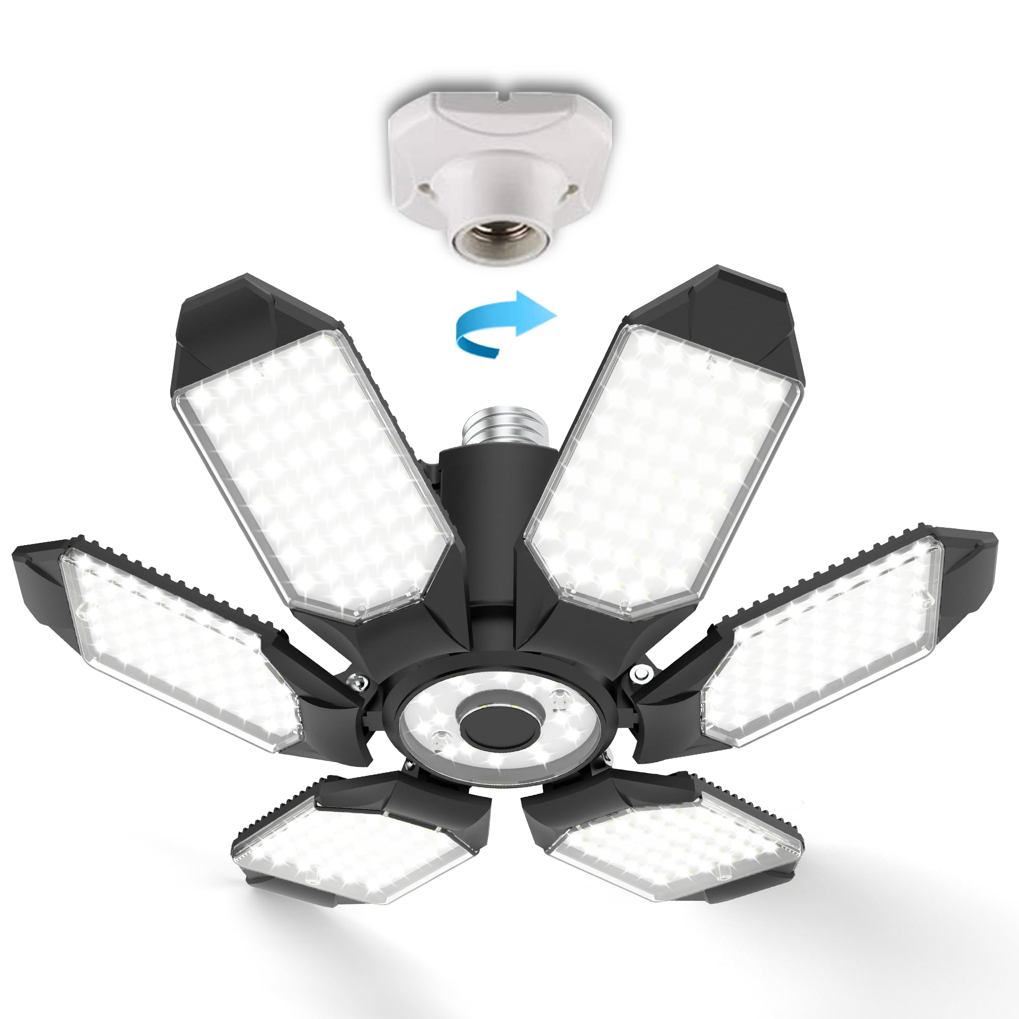 BRAINIAC LED Garage Light Bulb 150W 15000LM Deformable LED Garage Ceiling Light with 6 Adjustable Panels, E26/E27 Screw-in Shop 