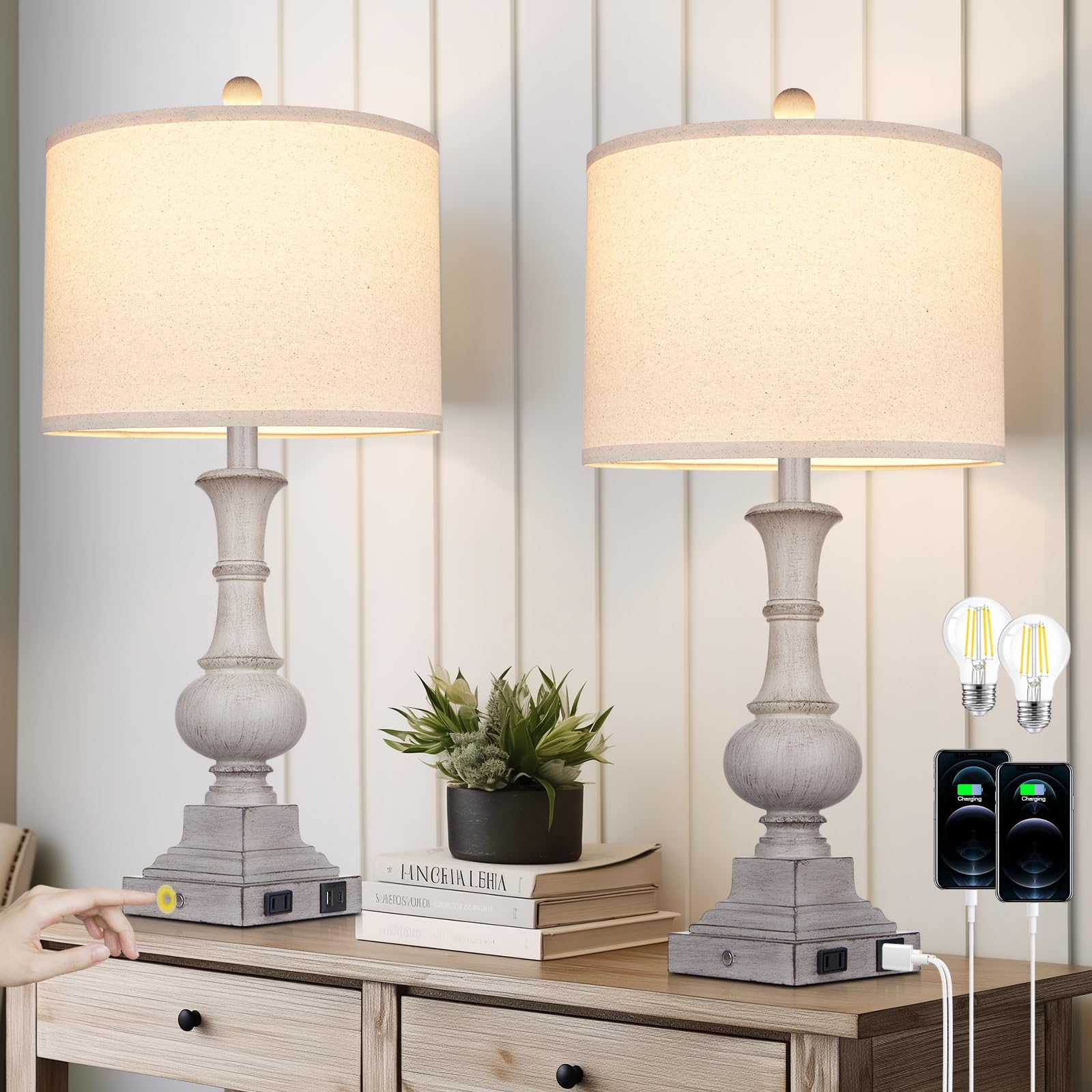 Farmhouse Lamps Set of 2, 26'' Vintage Rustic Touch Control Bedside Lamp with USB A+C Ports & AC Outlet, 3-Way Dimmable Boho Nig
