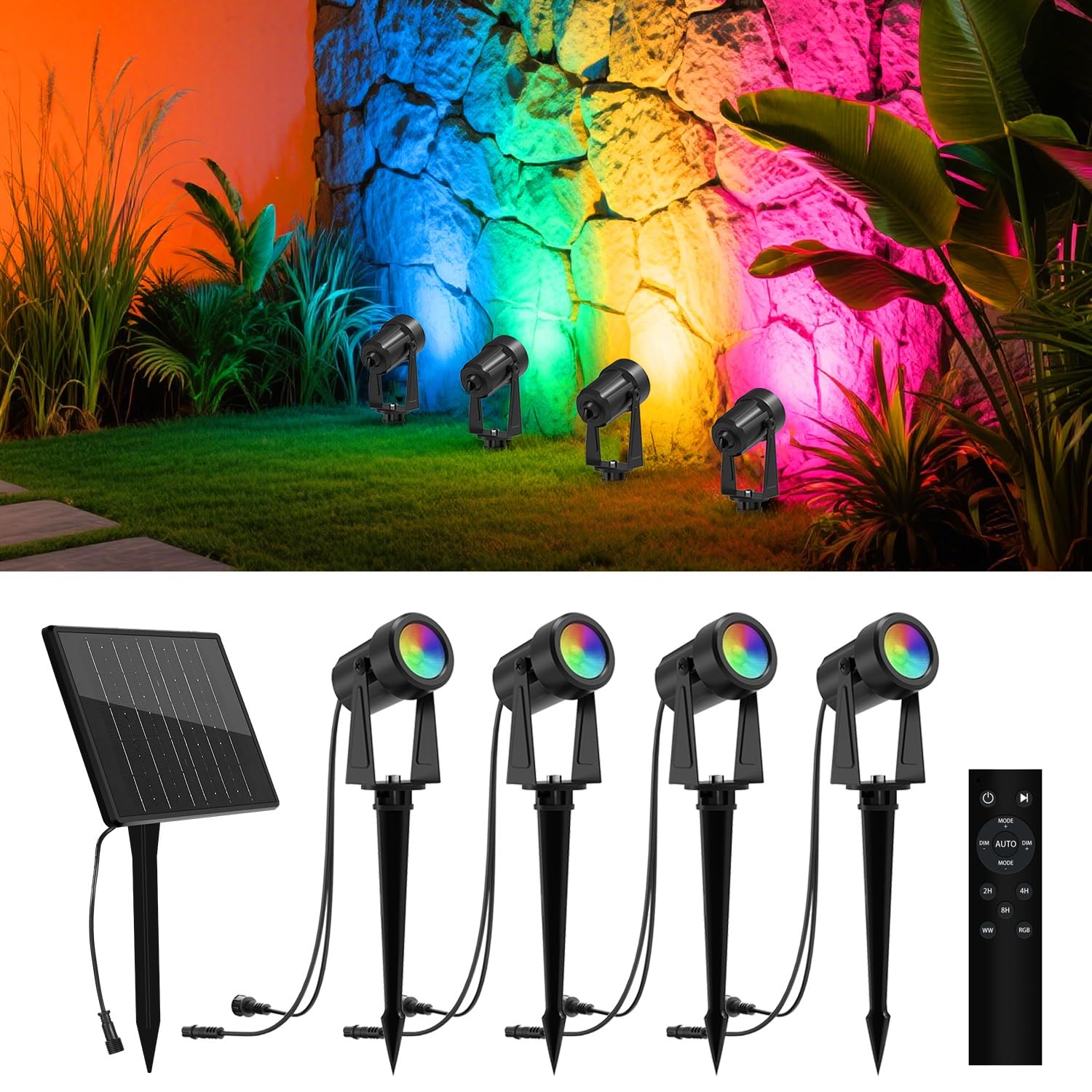 Zyan Solar Spotlights Outdoor  Solar Landscape Lights With Remote Control  Rgbw Colored Spot Lights For Yard  Garden  Lawn  Plant  Tree  Pool Areas  Auto On/Off  Dimmable & Waterproof (4 Pack)