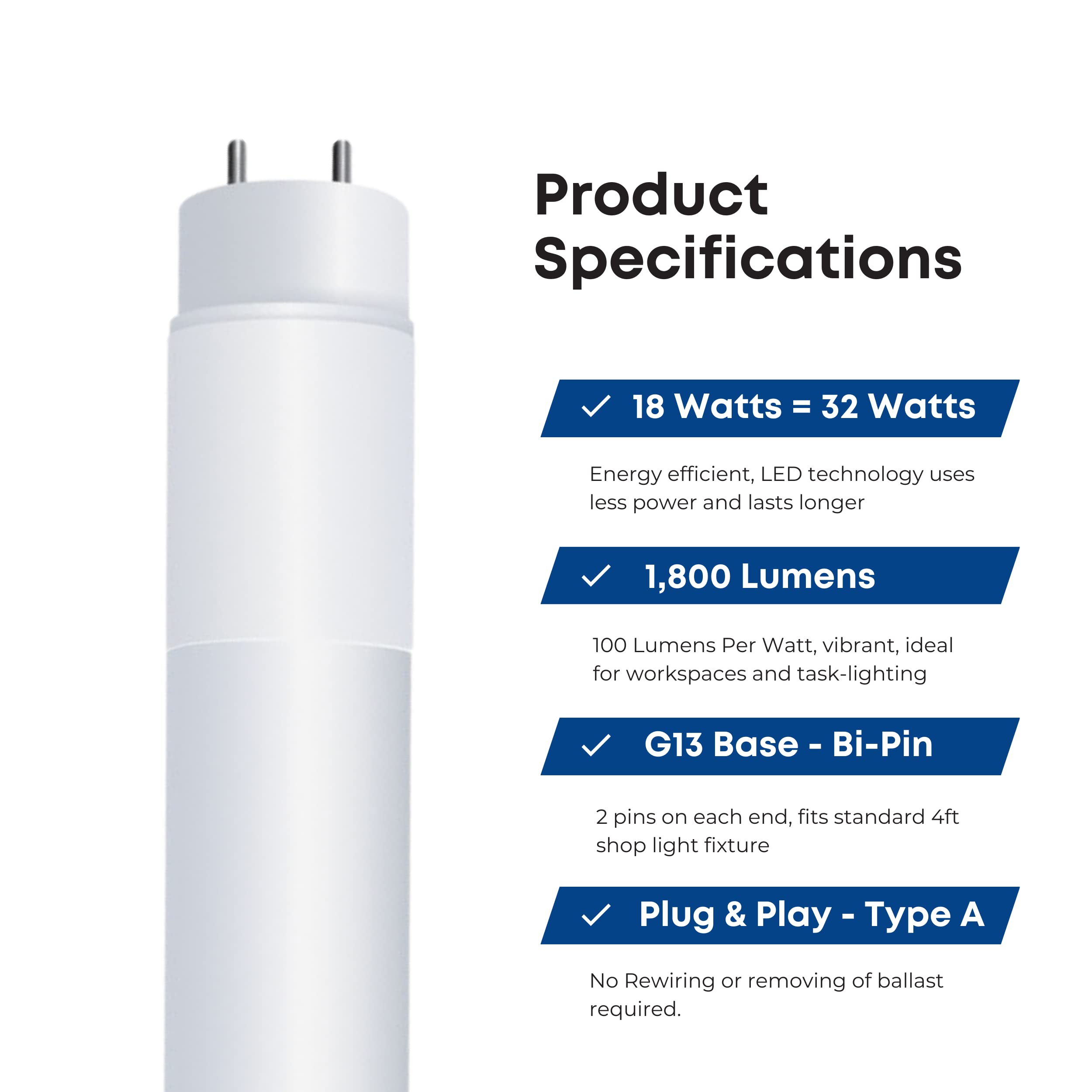 Feit Electric LED T8 Bulbs, 32W Equivalent, Frosted, 5000K Daylight, Model T848/850/LEDG2/2/5, 10 Pack