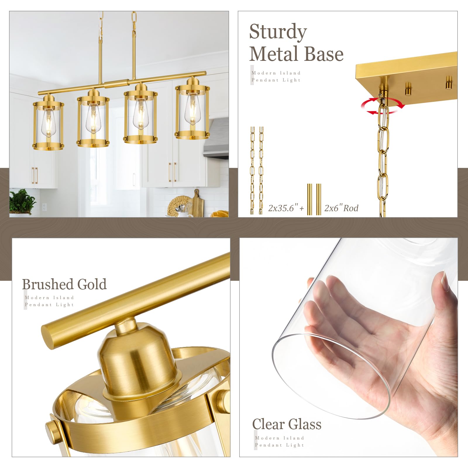 Osimir 4-Light Kitchen Island Lighting  Brushed Gold Linear Dining Room Light Fixtures With Clear Glass  Modern Mid Century Chandelier Pendant Light For Kitchen Island Dining Room  Os-3014-4Isbg