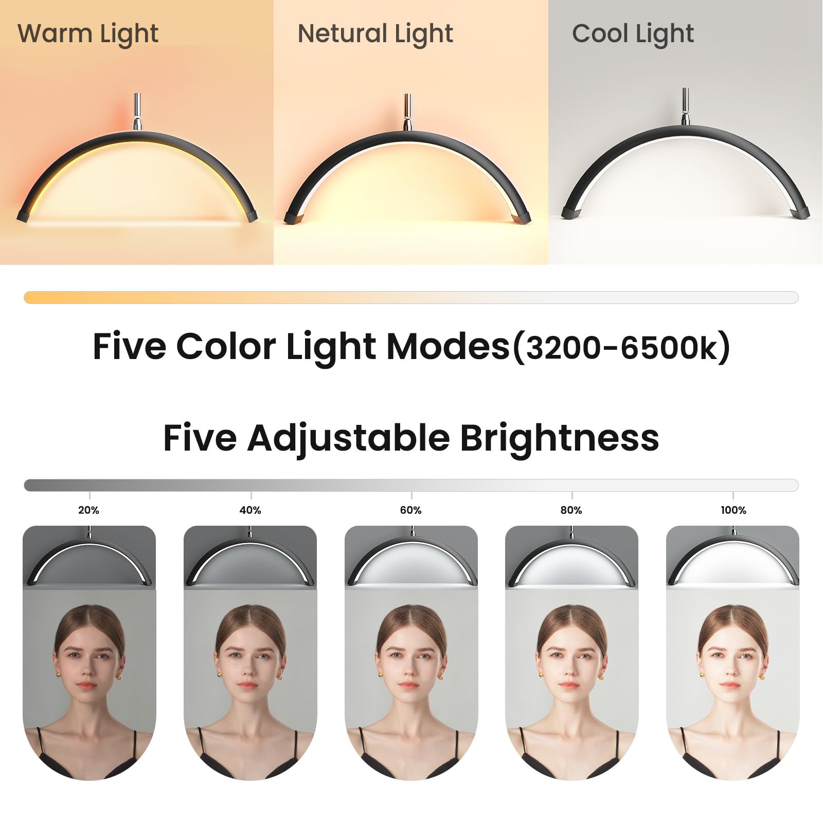 Mznoo Lash Light, Half Moon Lamp With Tool Tray, Led Floor Lamp For Eyelash Extensions, Nail Art, Tattoo Art And Skincare, Adjus