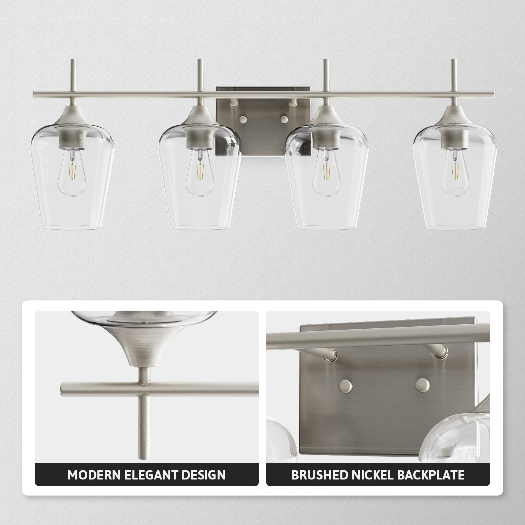 VONLUCE 4-Light Bathroom Vanity Light Fixture, Modern Brushed Nickel Wall Lamp with Clear Glass, Model HCF2804NI