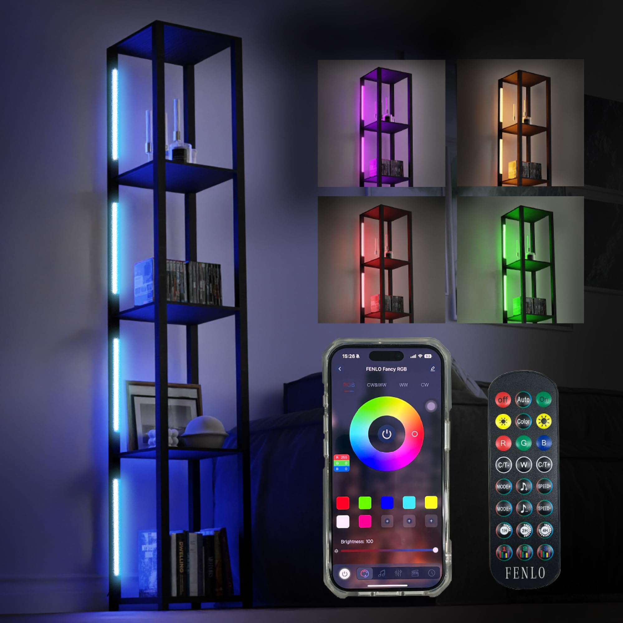 FENLO RGB Floor Lamp with Shelves - Full Color Temperature Control  Adjustable Brightness and Bright Long Lasting Integrated Lighting - Full Spectrum Color Changing Lights