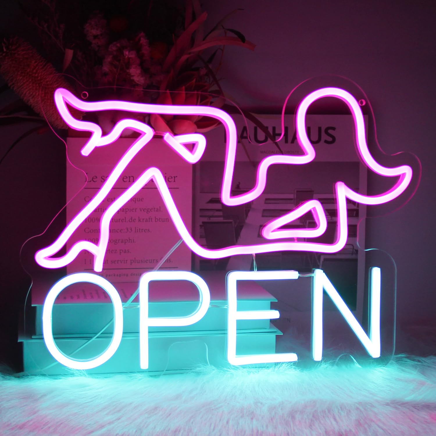 CKTBLEY Open Neon Sign LED Wall Decor - Pink Lady Design, USB Powered, 16.5 x 12.4 inches, Blue Pink Acrylic Light for Bar/Restaurant