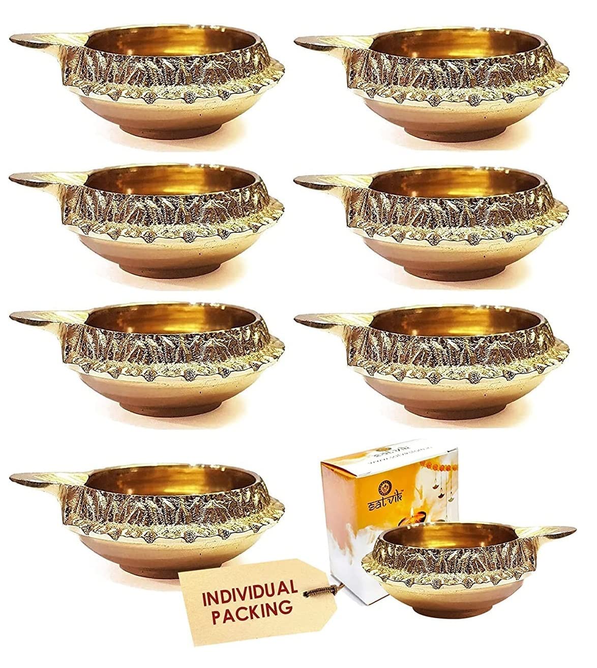 SATVIK 8 pc Kuber Diya for Diwali Decoration. Handmade Oil Lamp with Golden Engraved Made of Virgin Brass Metal. Diwali Diya Vil