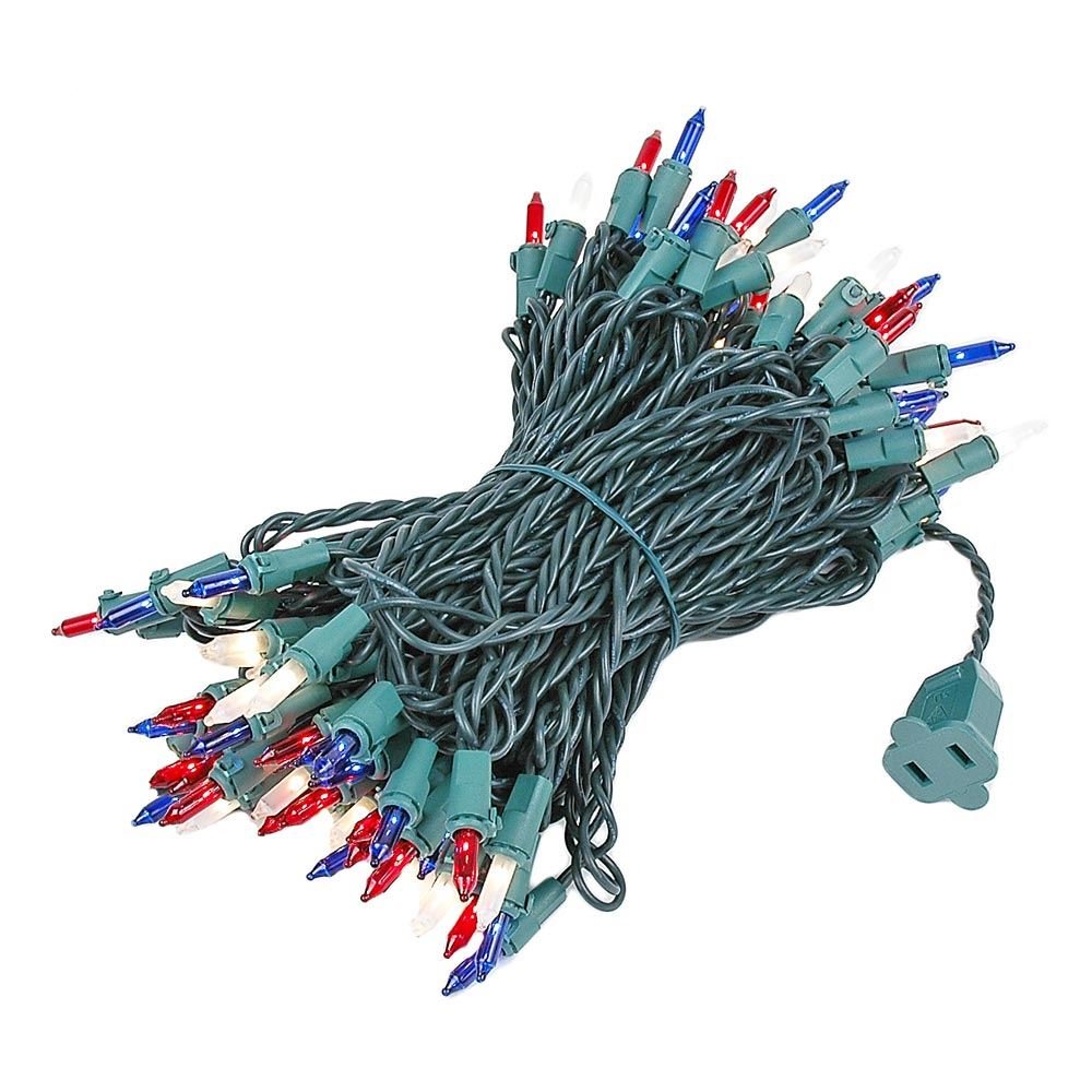Novelty Lights 100 Light Mini String Light Set, 50 Long, UL Listed, Green Wire, Red/White/Blue, Model MRD-25B-4, Indoor/Outdoor