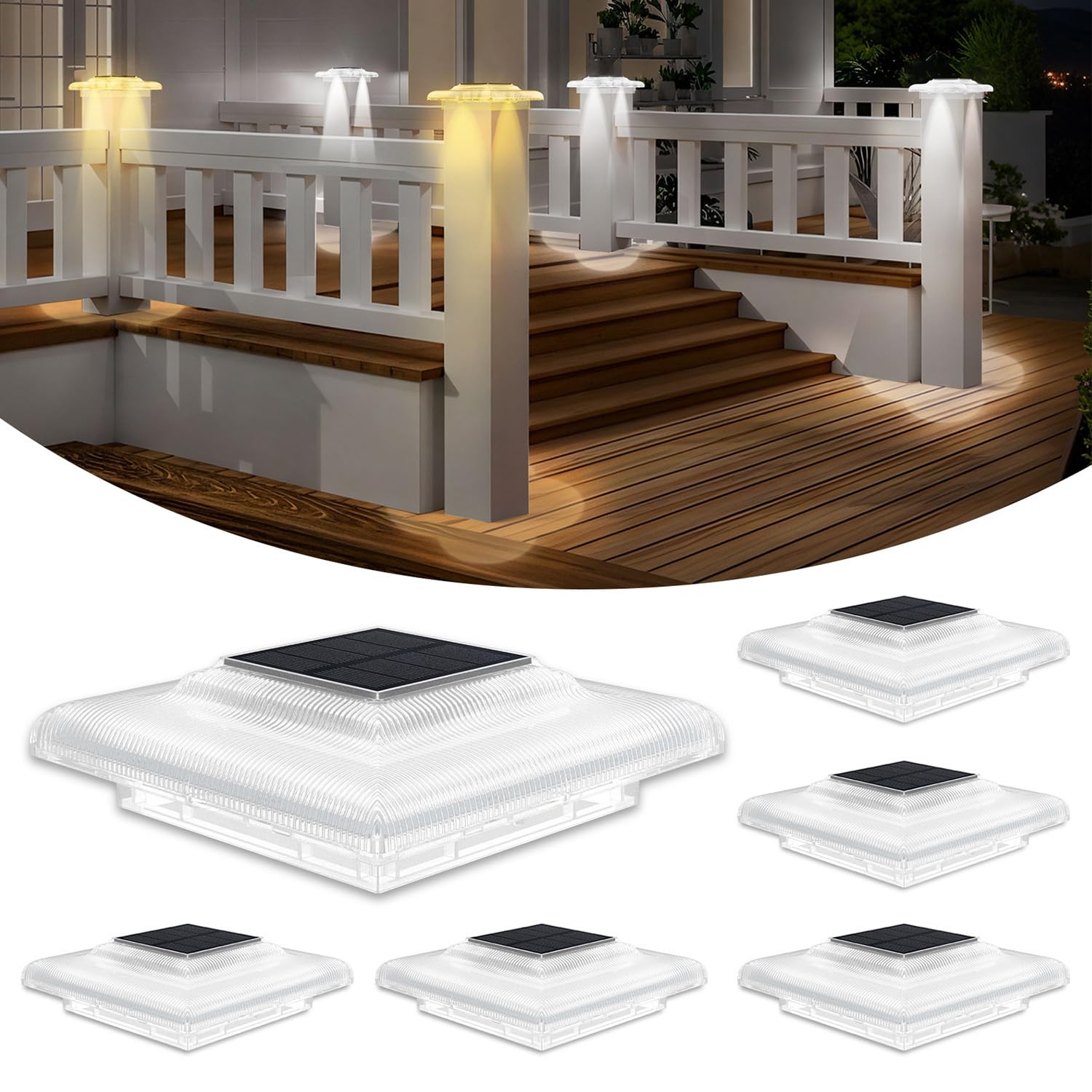 T-Sun Solar Post Cap Lights 4X4  Fence Post Solar Lights 6 Packs  Ip65 Waterproof Outdoor Lighting Smart Auto On/Off For Stairs Step  Vinyl Fence Tops  Deck  Patio  Garden (Warm/Cool White)